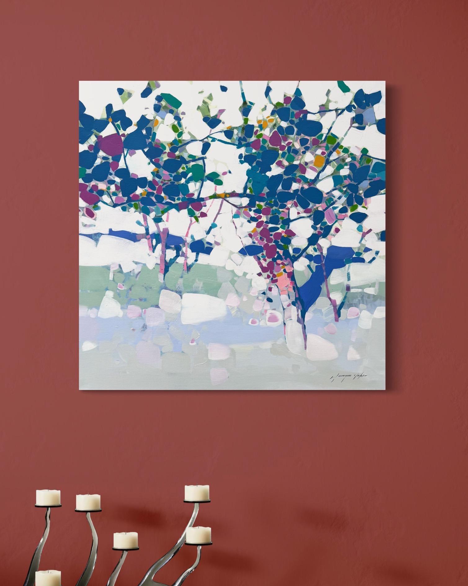Blühende blaue Landschaft Impressionismus Original Ölgemälde, hängefertig im Angebot 1