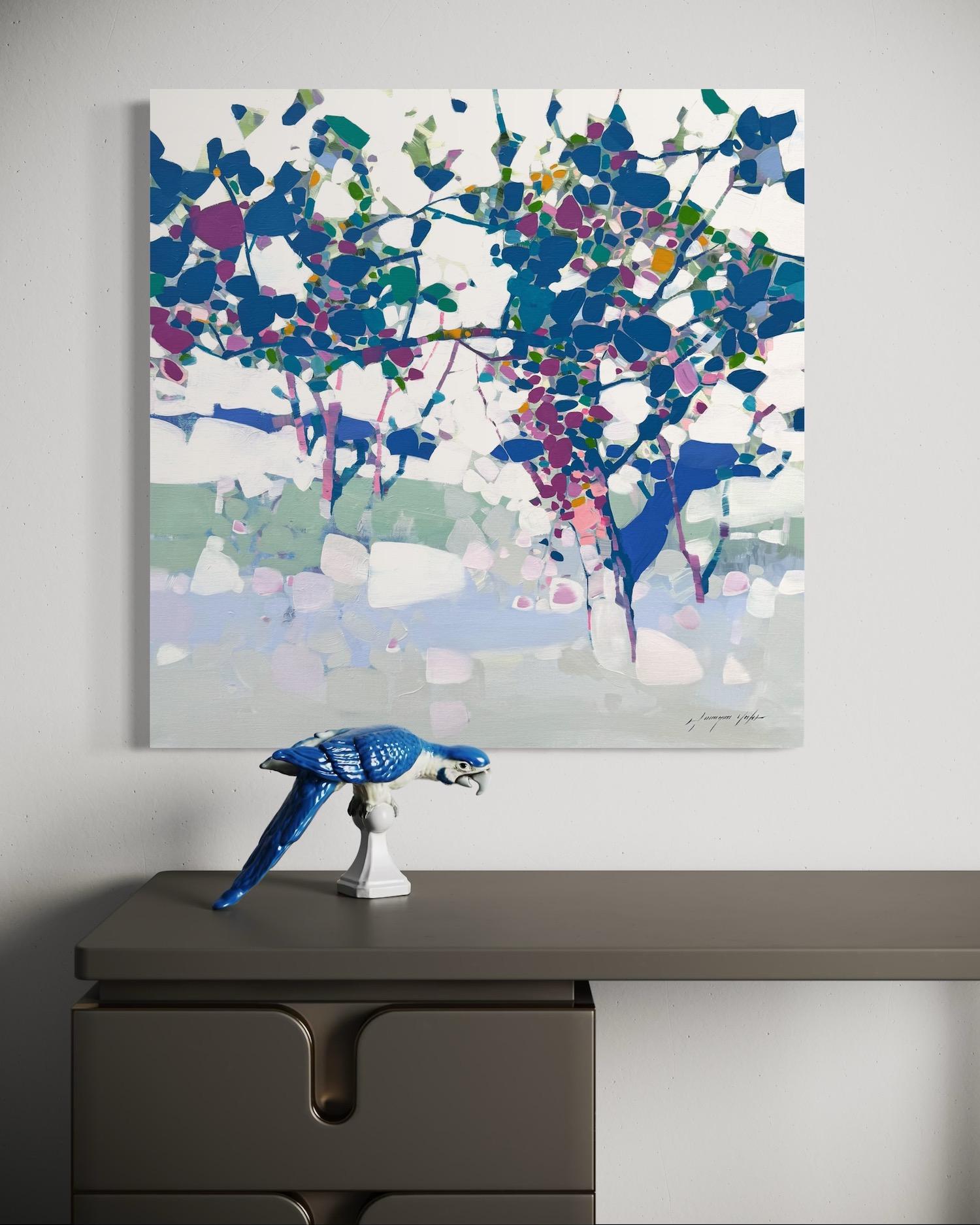 Blühende blaue Landschaft Impressionismus Original Ölgemälde, hängefertig im Angebot 2