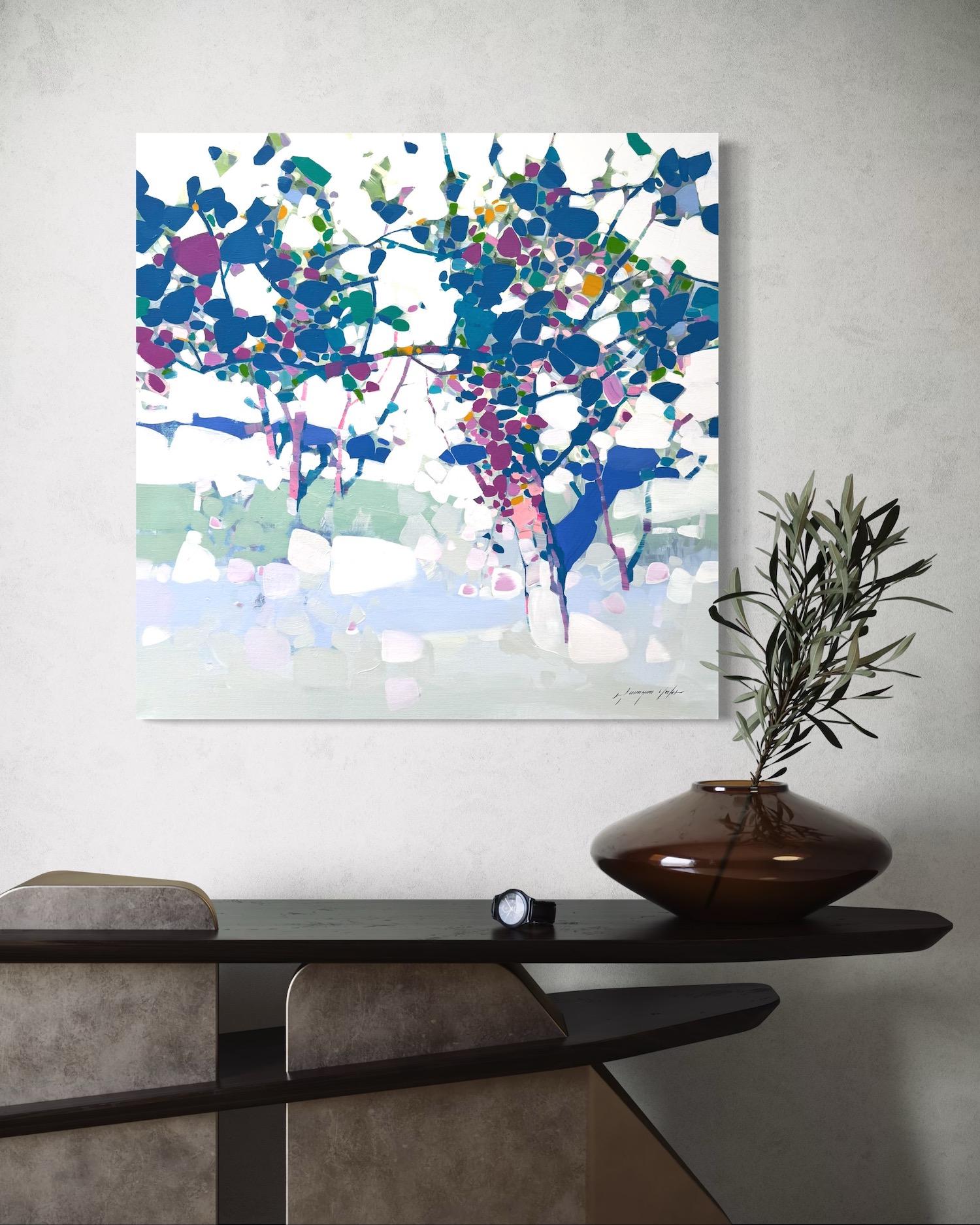 Blühende blaue Landschaft Impressionismus Original Ölgemälde, hängefertig im Angebot 3
