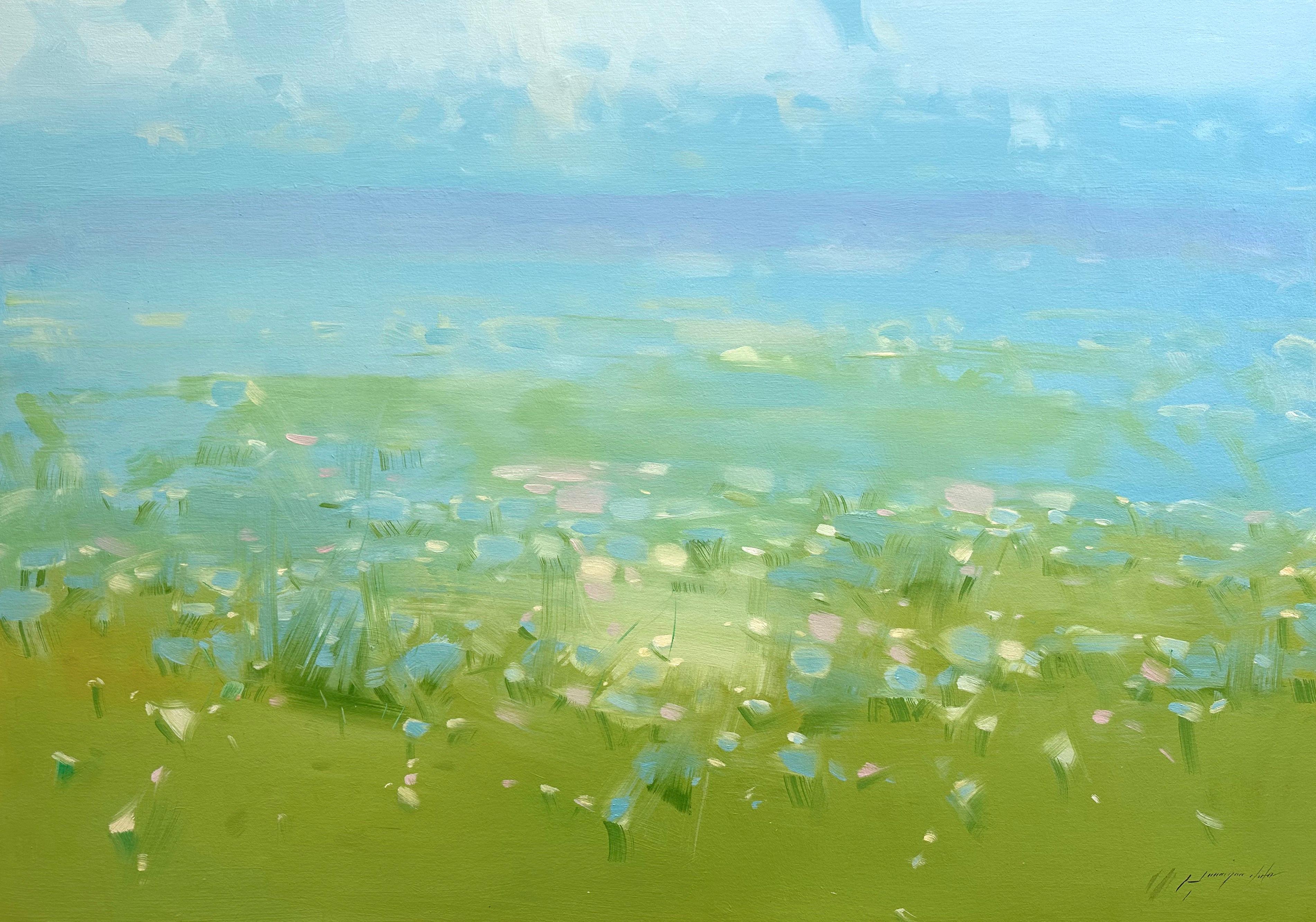 Vahe Yeremyan Landscape Painting – Blaue Blumen, Landschaft, Original-Ölgemälde, hängefertig, Impressionismus