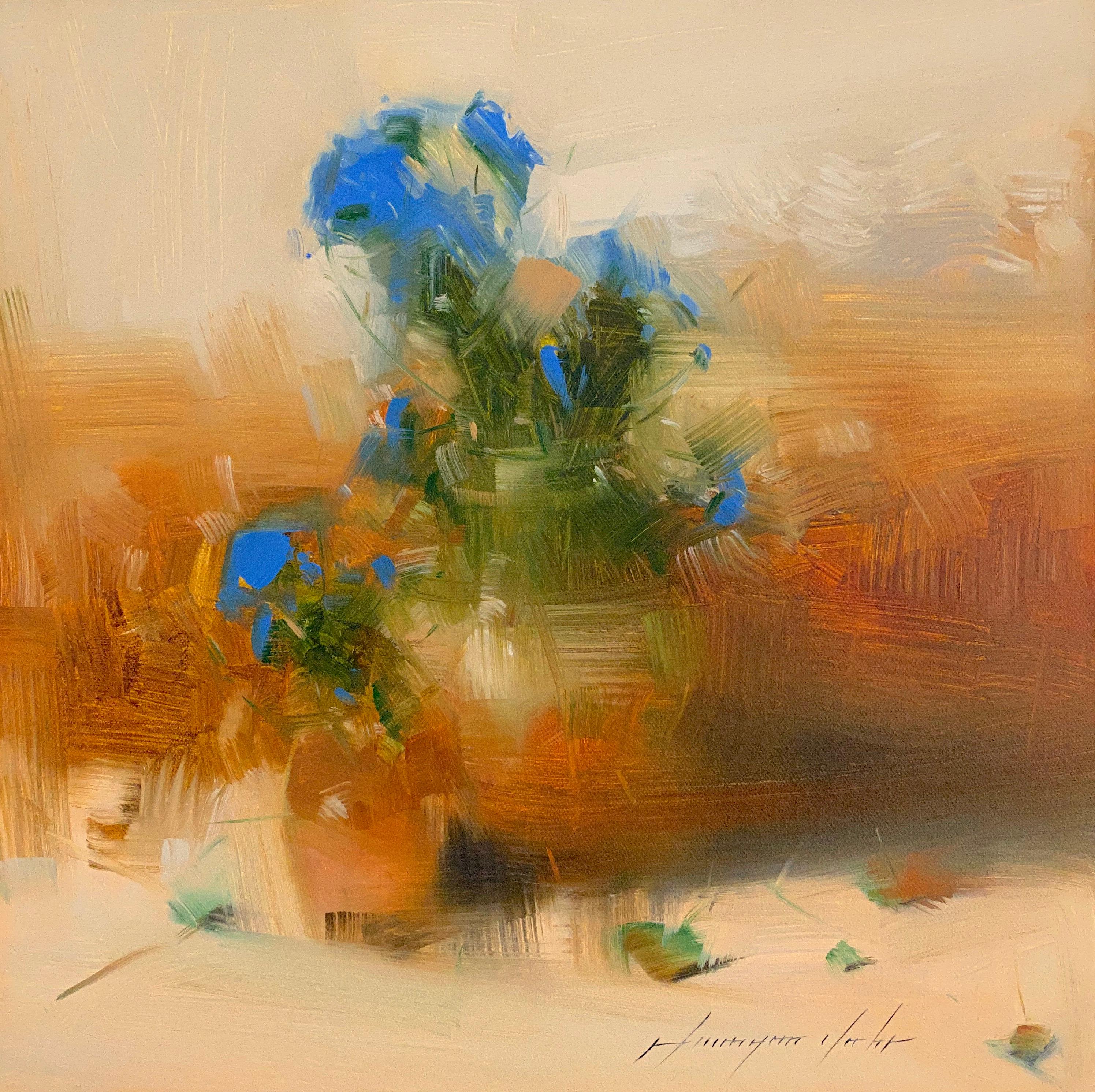 Vahe Yeremyan Landscape Painting - Blue Flowers, Original Oil Painting, Handmade Artwork