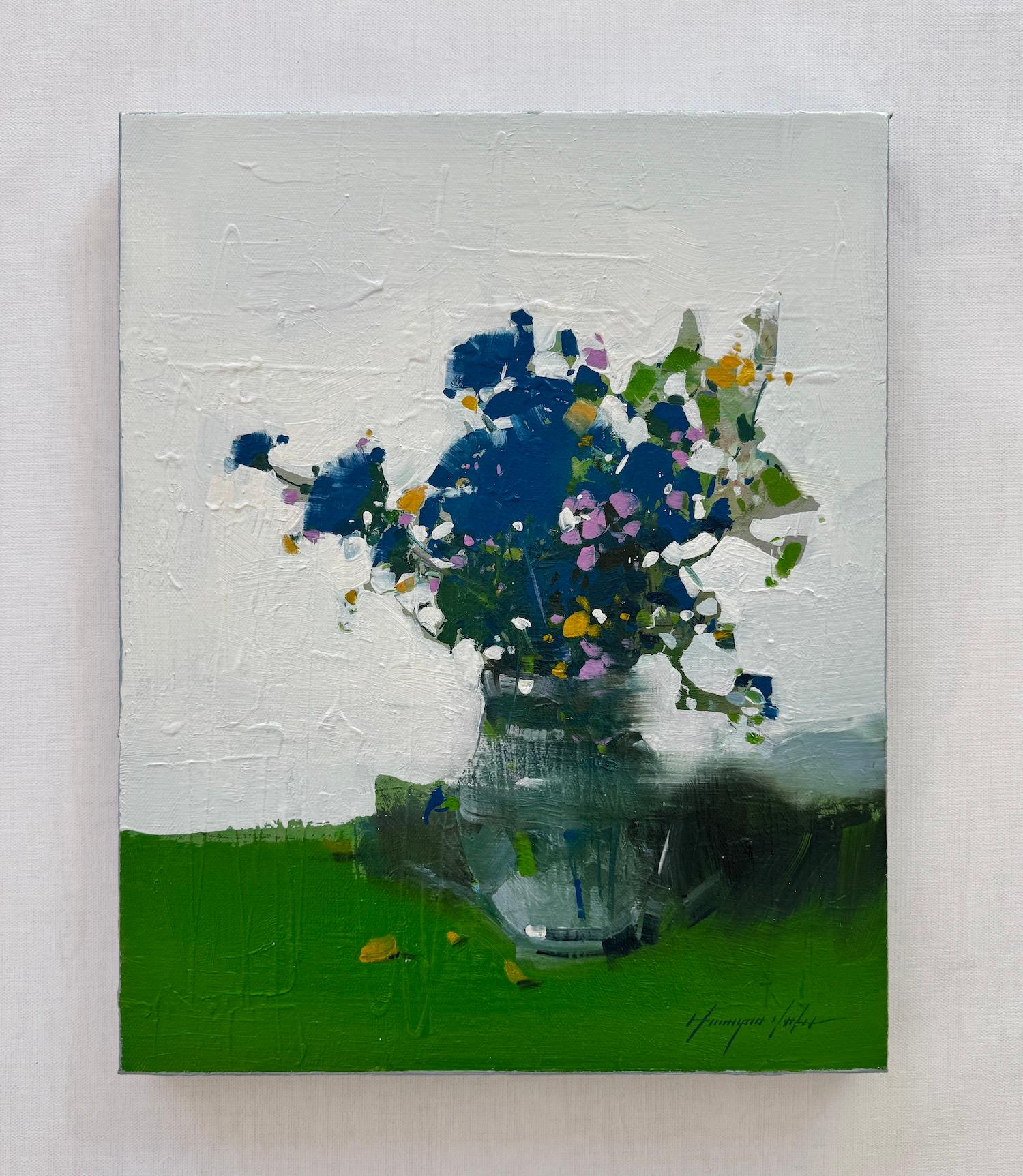 Blue Lobelia Flowers Still Life Original oil Painting Ready to Hang - Gray Still-Life Painting by Vahe Yeremyan