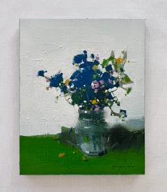 Nature morte aux fleurs de lobélie bleue Peinture à l'huile originale prête à être accrochée
