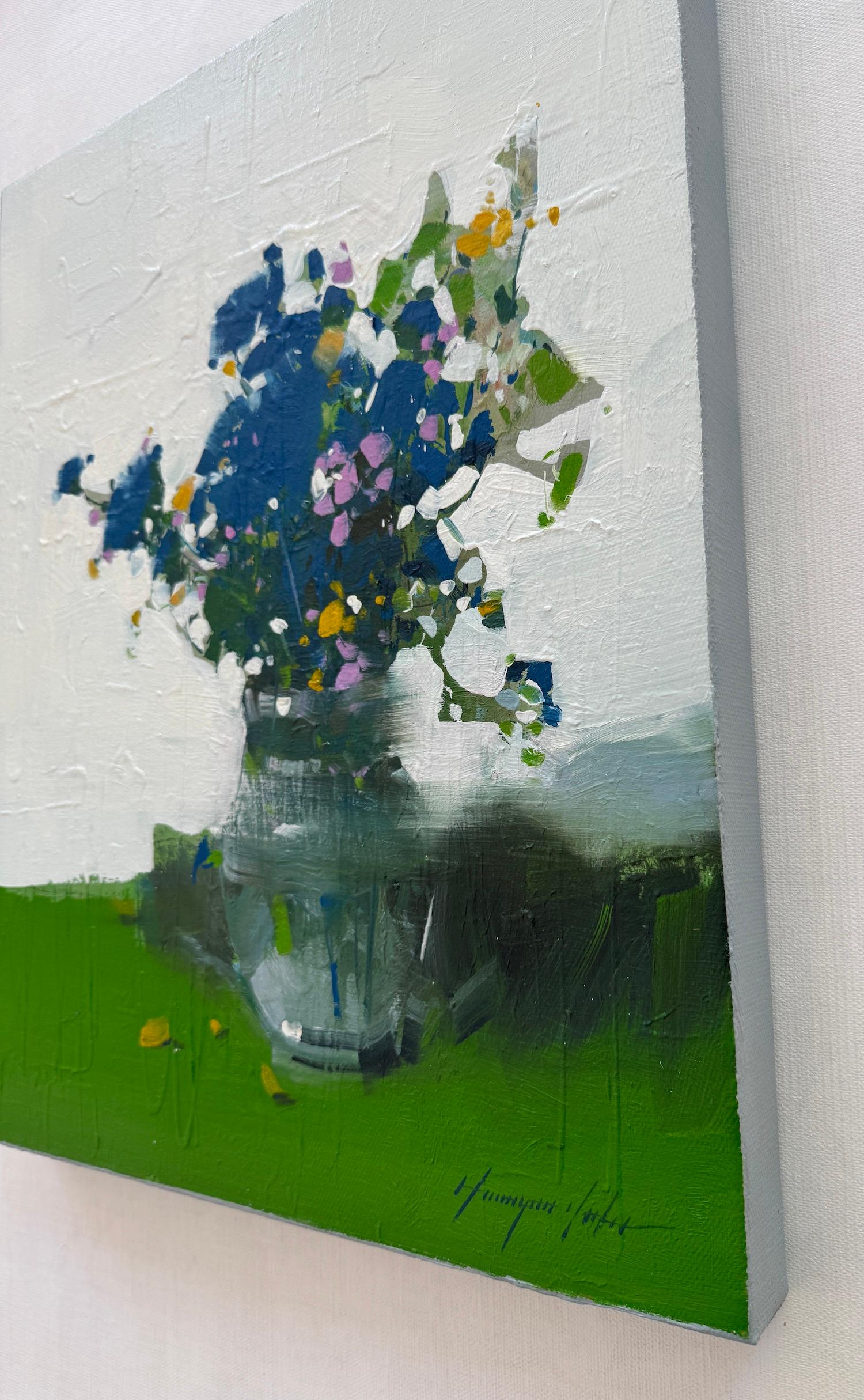 Blue Lobelia Flowers Still Life Original oil Painting Ready to Hang For Sale 1