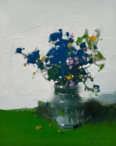 Blue Lobelia Flowers Still Life Original oil Painting Ready to Hang