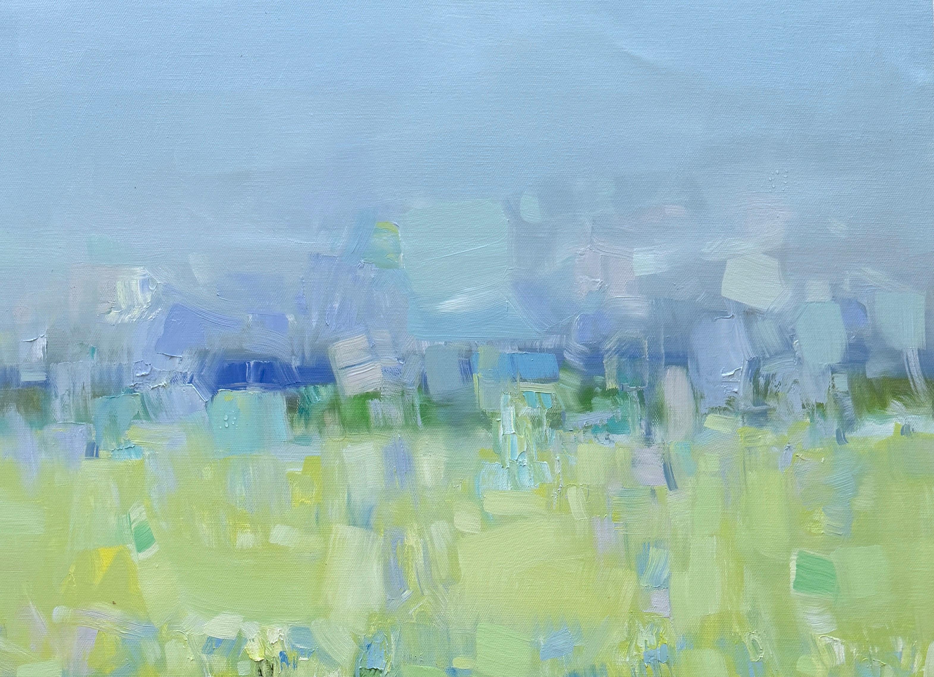 Blue Meadow, Landscape, Impressionism Original oil Painting, Ready to Hang For Sale 1