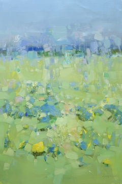 Prato blu, Paesaggio, Impressionismo Pittura ad olio originale, pronta da appendere