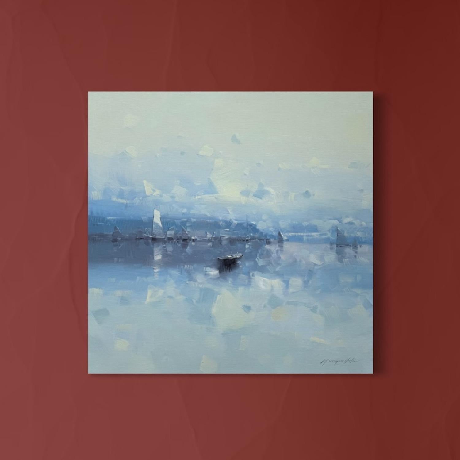 Barca Impressionismo costiero Pittura ad olio originale, pronta da appendere - Painting di Vahe Yeremyan