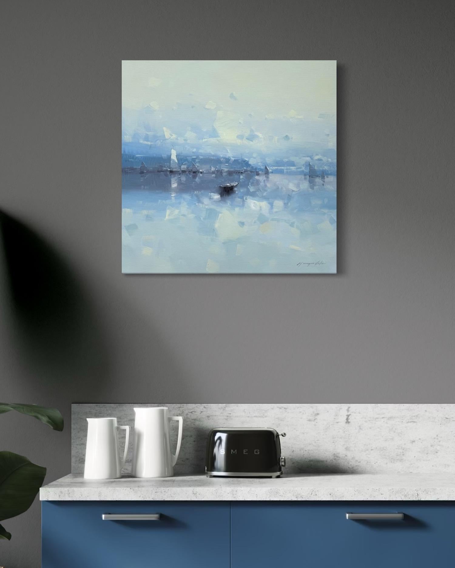 Barca Impressionismo costiero Pittura ad olio originale, pronta da appendere - Landscape Painting Grigio di Vahe Yeremyan