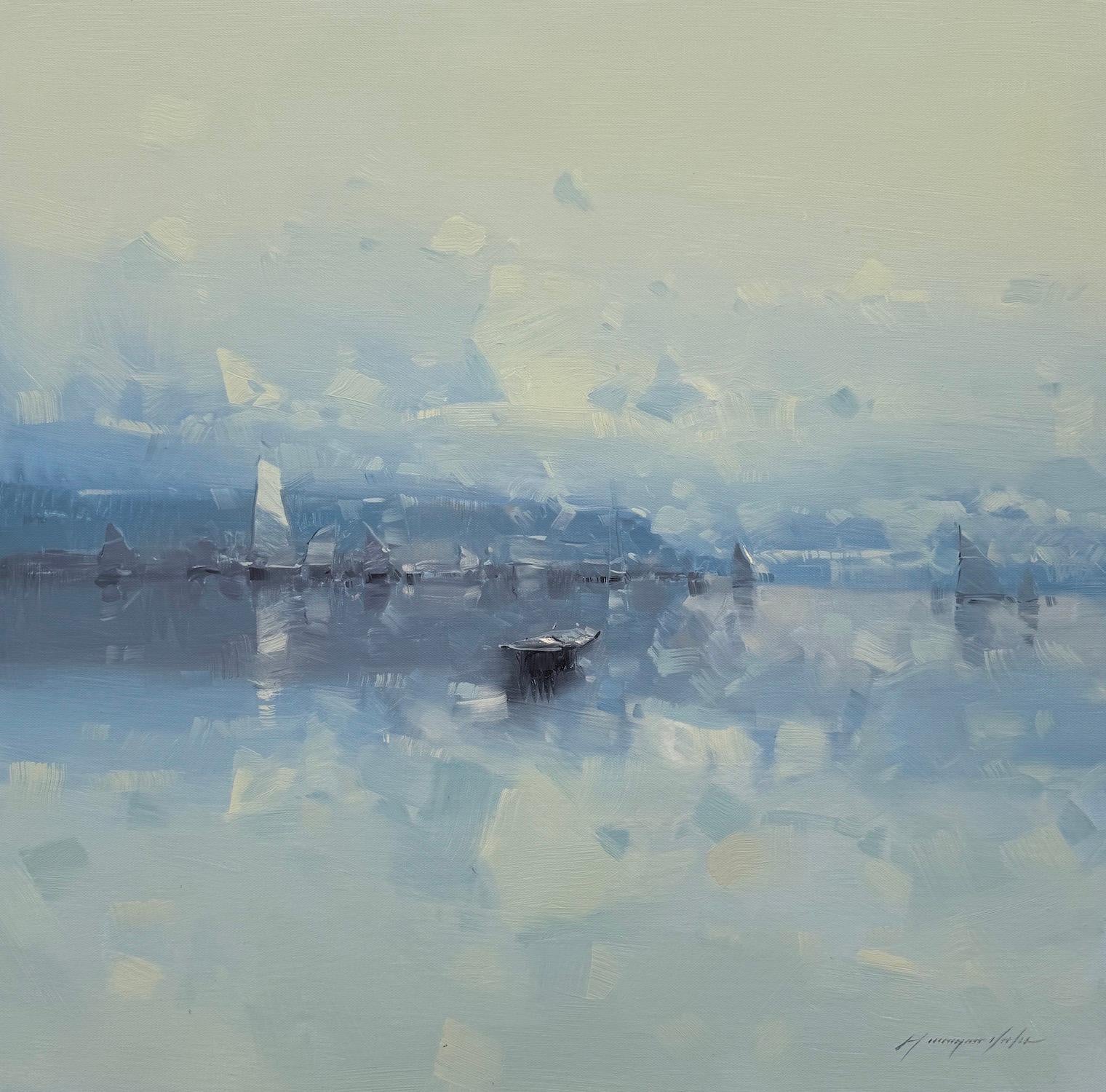 Landscape Painting di Vahe Yeremyan - Barca Impressionismo costiero Pittura ad olio originale, pronta da appendere