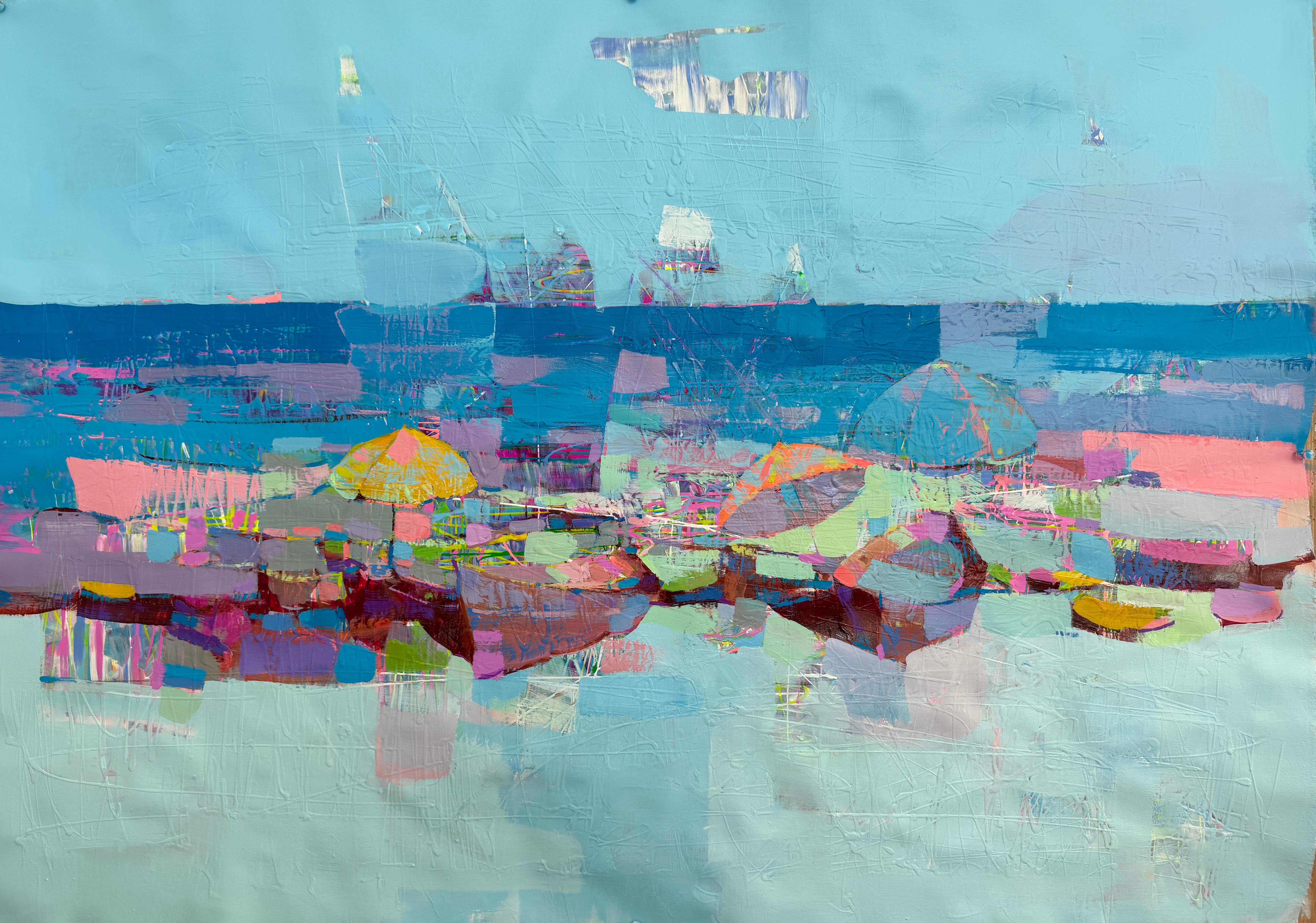 Boats on the Shore Coastal Original Painting, Ready to Hang