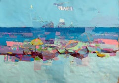 Boats on the Shore Coastal Original Painting, Ready to Hang