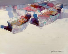 Boats on the Shore Nautical Impressionism Original oil Painting, Ready to Hang