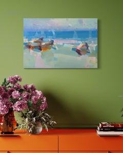 Bateaux sur le rivage Peinture à l'huile originale, prête à être accrochée