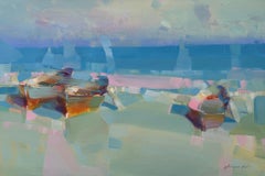 Bateaux sur le rivage Peinture à l'huile originale, prête à être accrochée