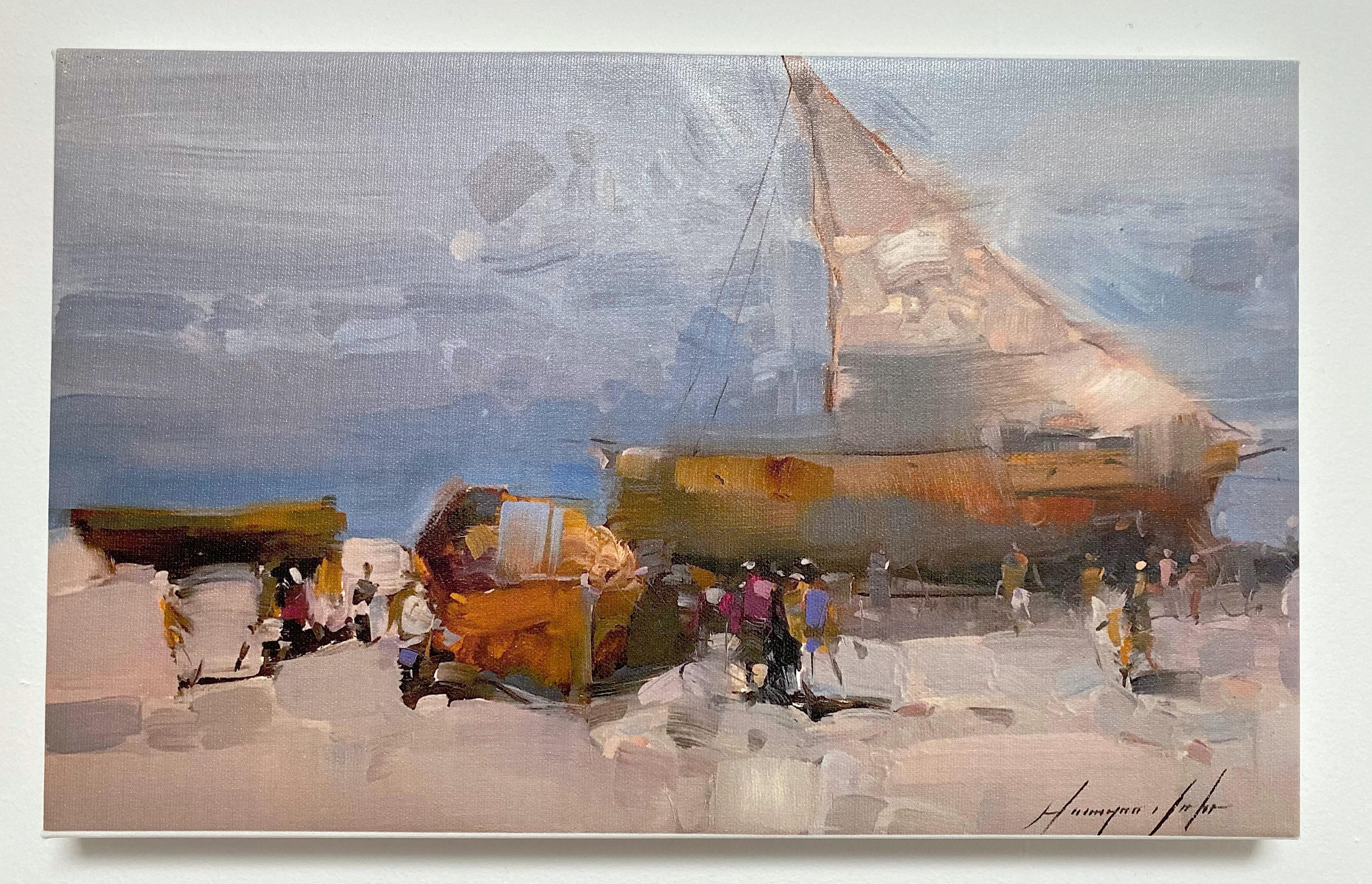 Boats on the Shore, Print on Canvas - Painting by Vahe Yeremyan