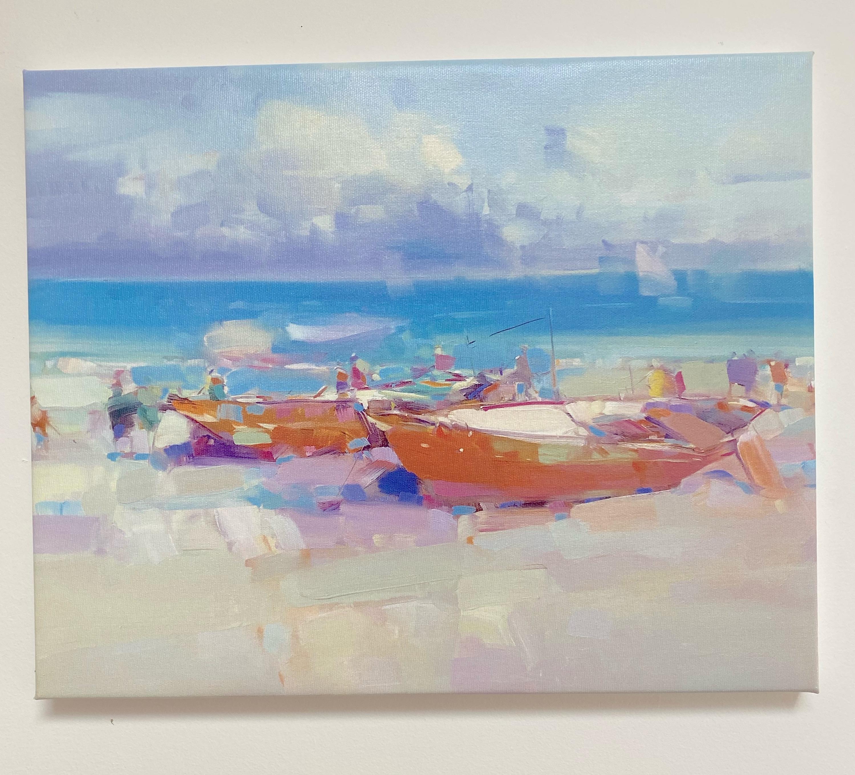 Boats on the Shore, Print on Canvas - Painting by Vahe Yeremyan