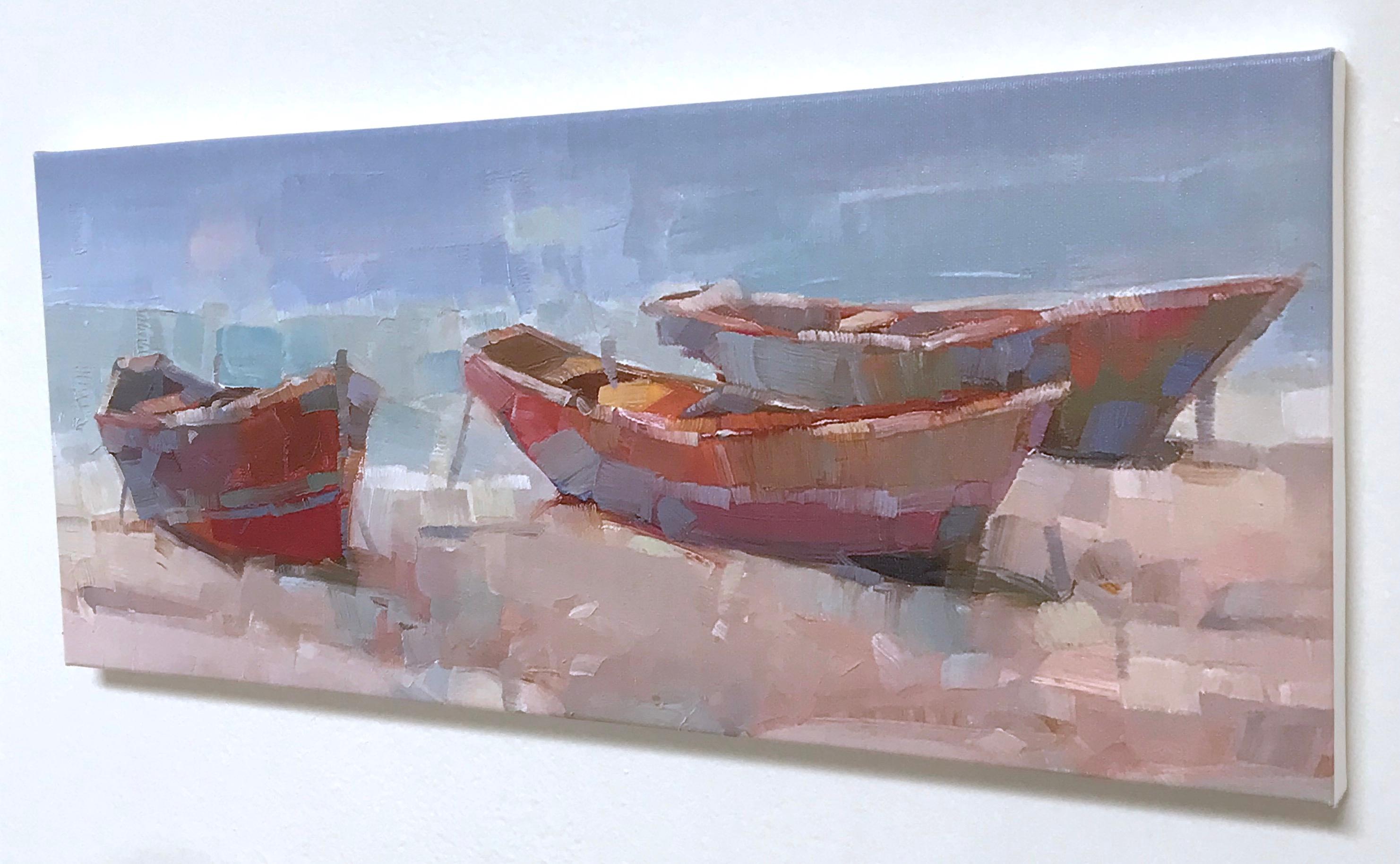 Boats on the Shore Print on Canvas - Impressionist Painting by Vahe Yeremyan