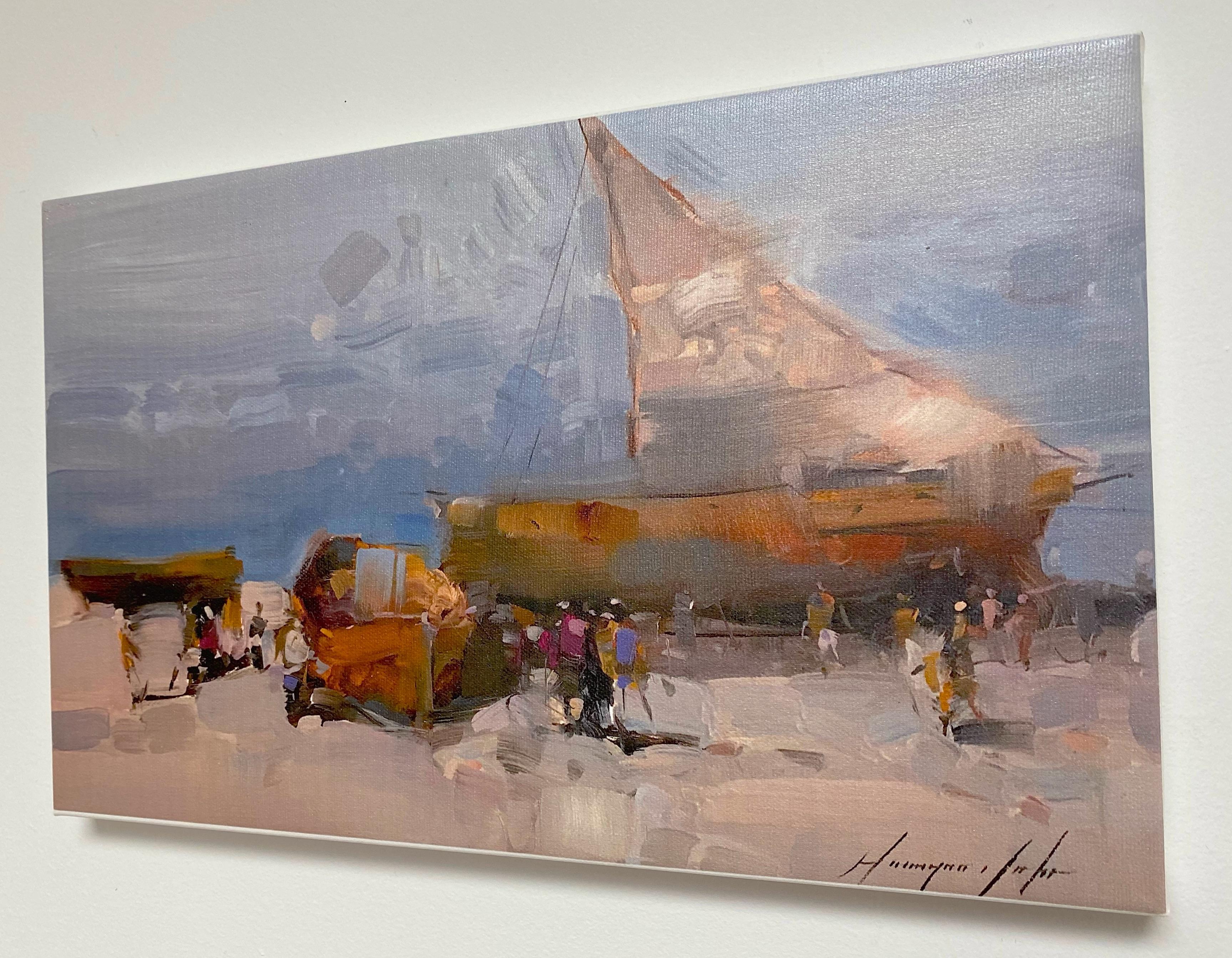 Boats on the Shore, Druck auf Leinwand (Impressionismus), Painting, von Vahe Yeremyan