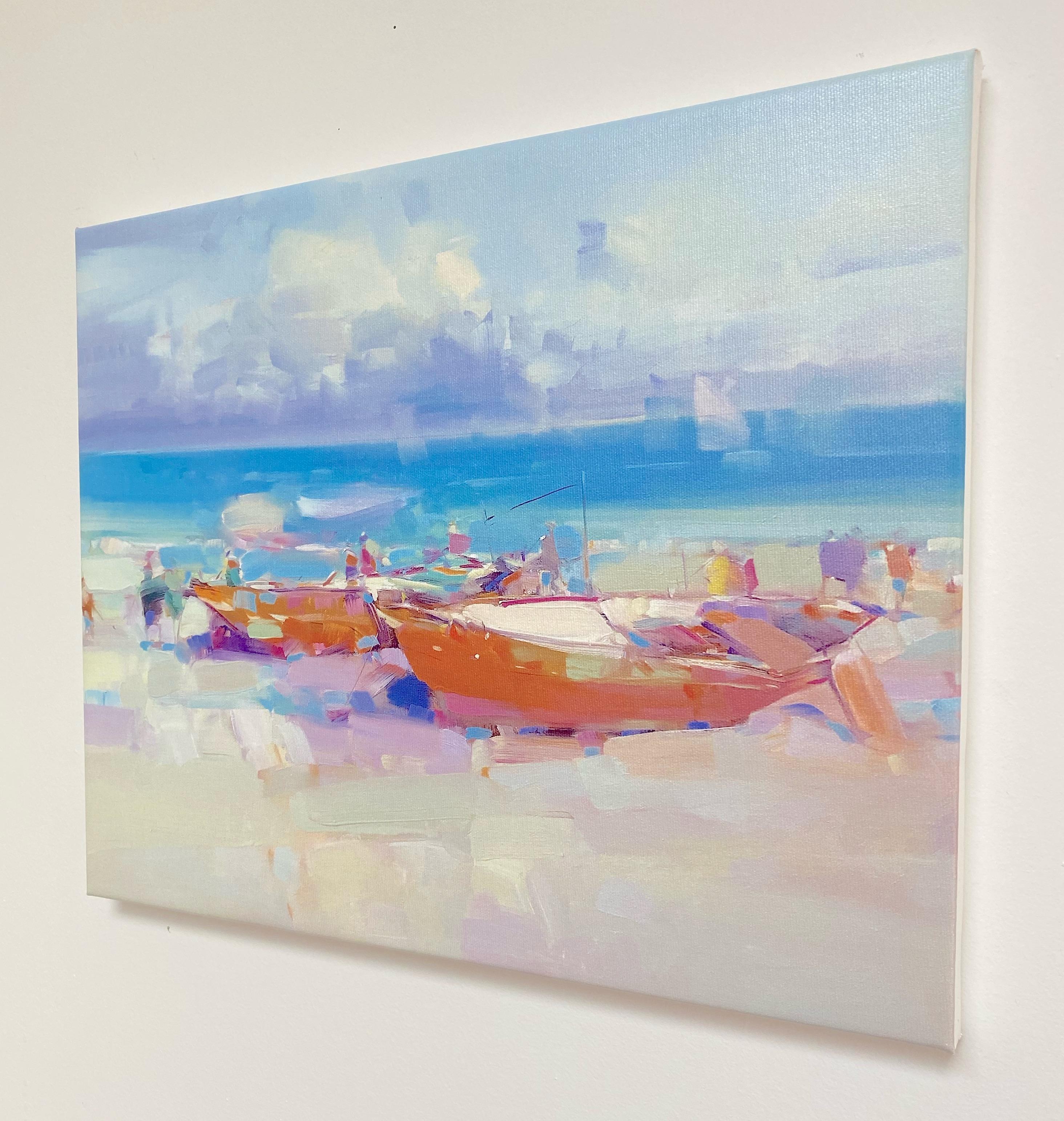 Boats on the Shore, Print on Canvas - Impressionist Painting by Vahe Yeremyan