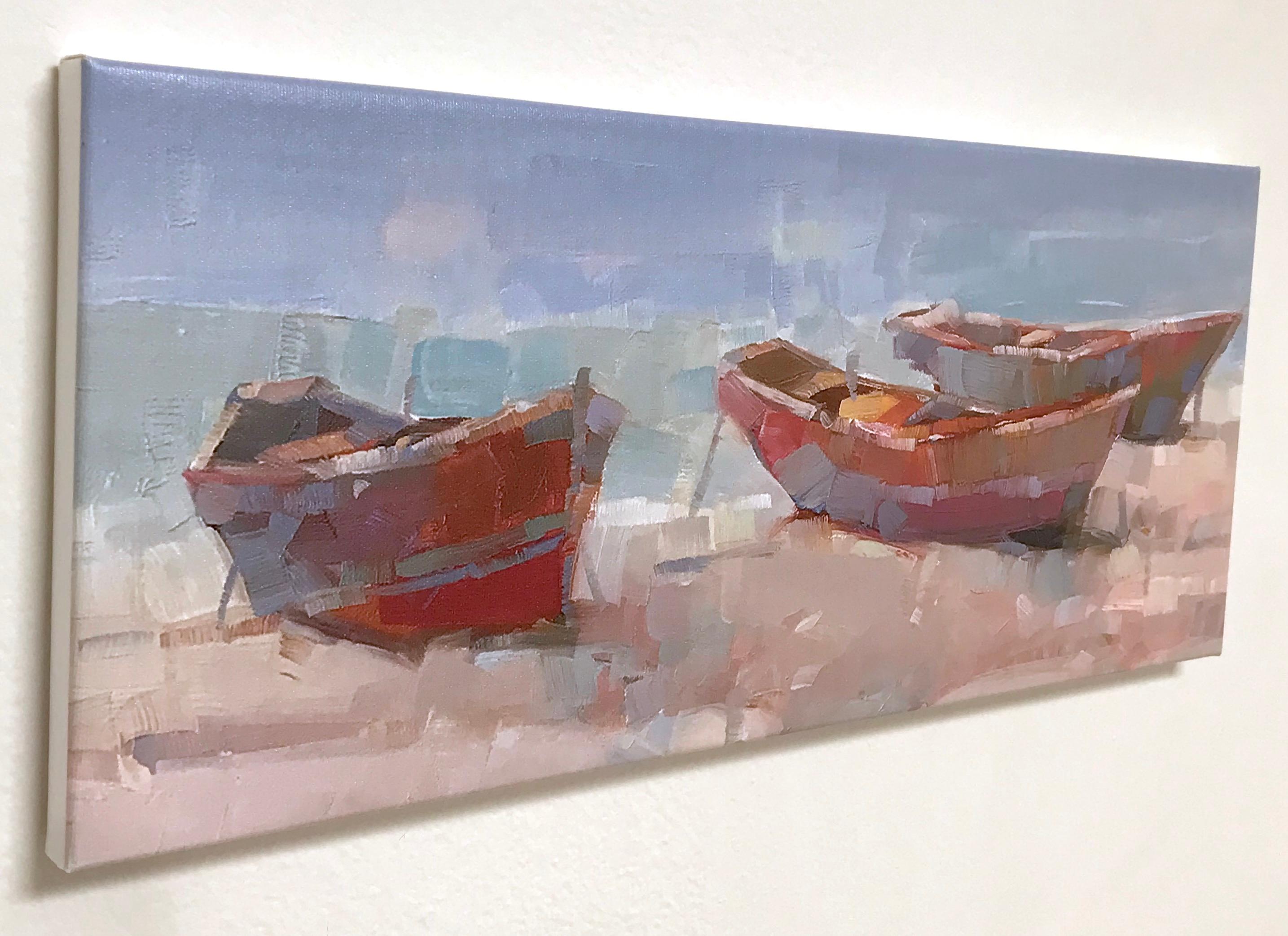 Boats on the Shore Print on Canvas - Gray Landscape Painting by Vahe Yeremyan