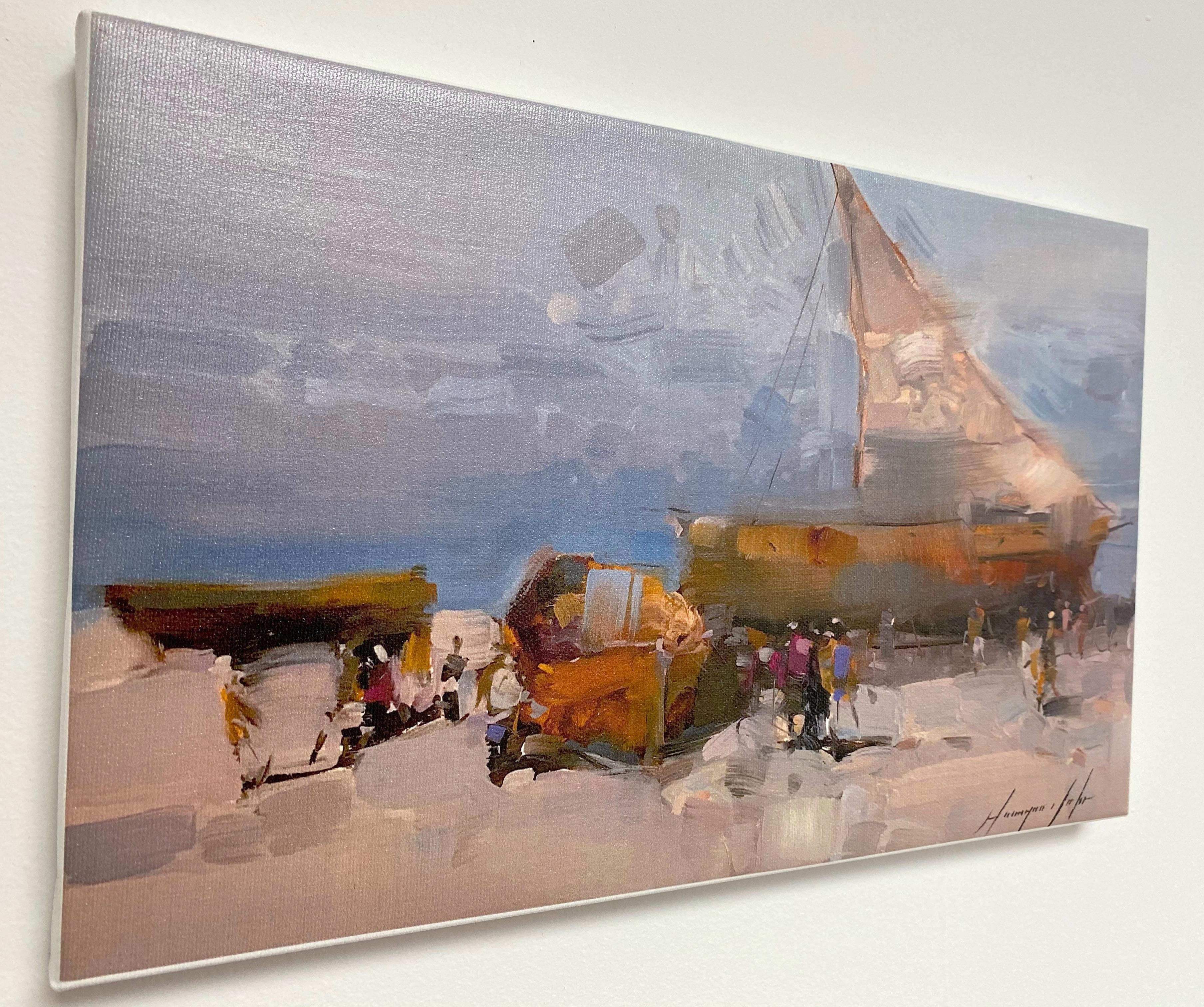 Boats on the Shore, Druck auf Leinwand (Grau), Landscape Painting, von Vahe Yeremyan