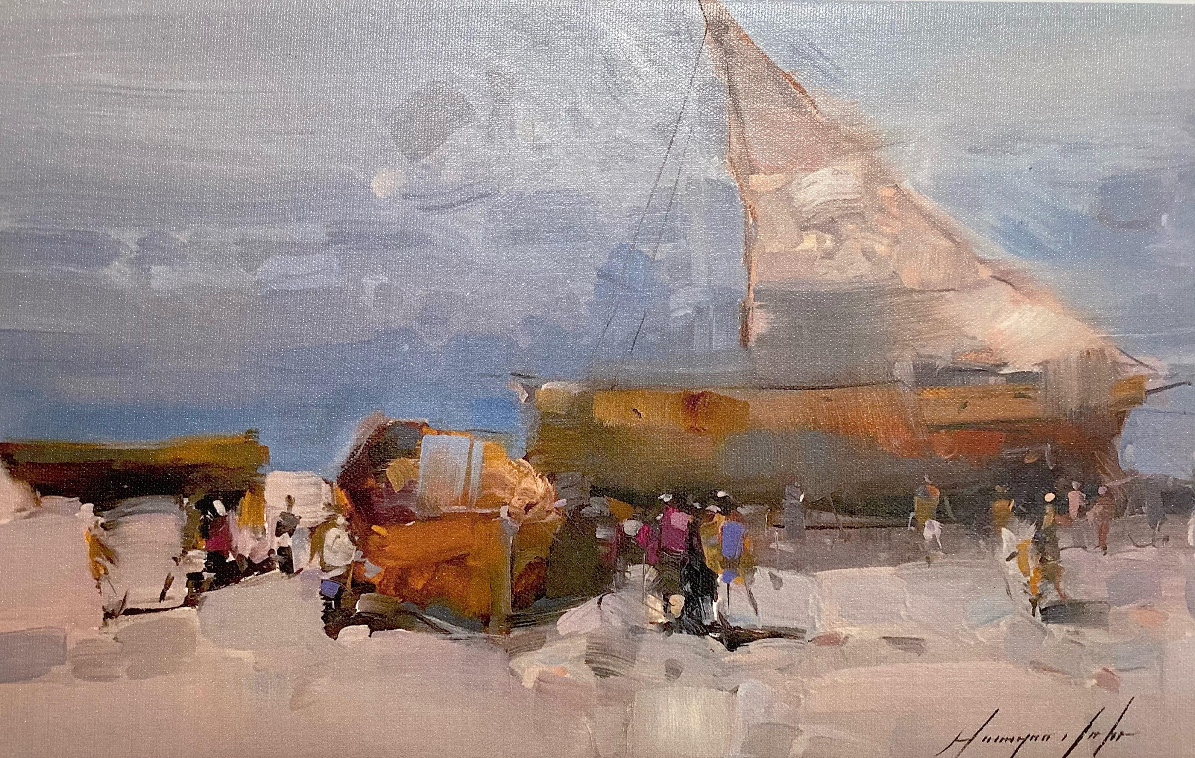 Vahe Yeremyan Landscape Painting - Boats on the Shore, Print on Canvas