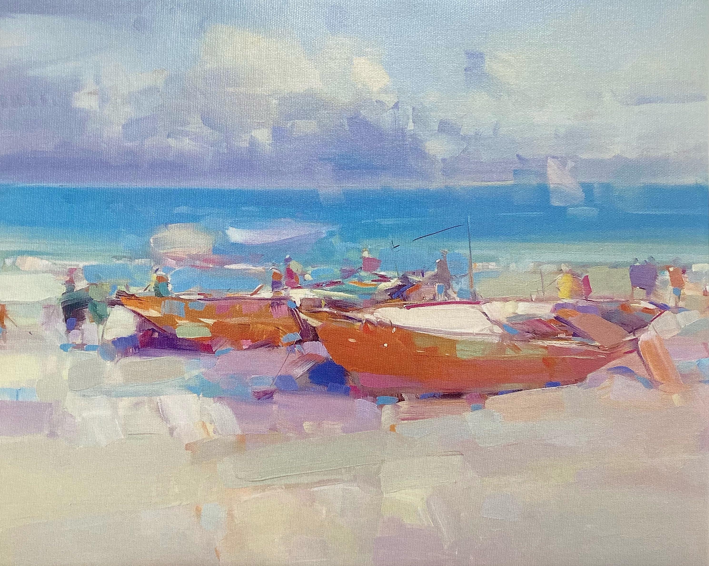 Vahe Yeremyan Landscape Painting - Boats on the Shore, Print on Canvas