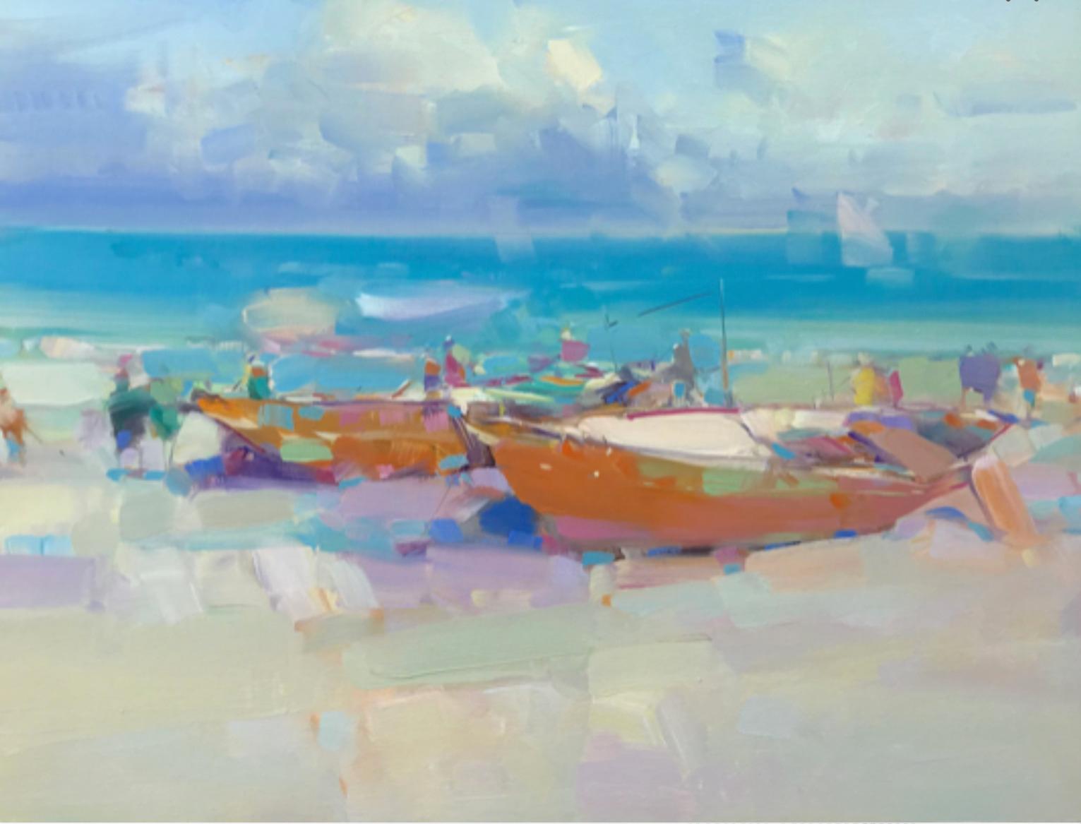 Vahe Yeremyan Landscape Print – Boats on the Shore, Druck auf Satinpapier, gerahmt