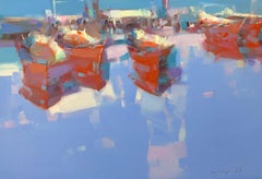 Boats Reflection, Nautical Original Oil Painting, Handmade Artwork
