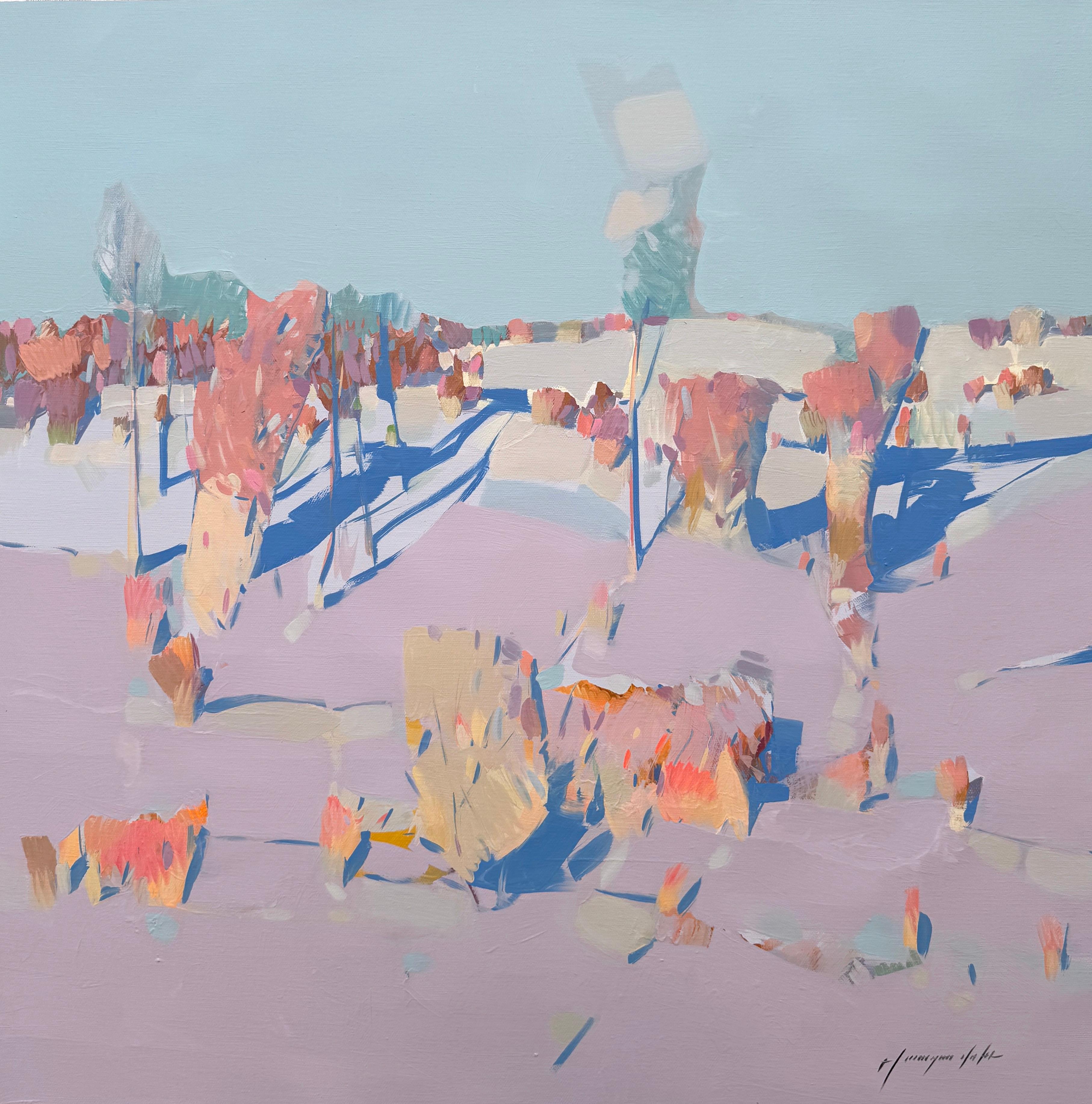 Vahe Yeremyan Landscape Painting – Brushstrokes of Winter Impressionism, Original-Ölgemälde in Öl, hängefertig