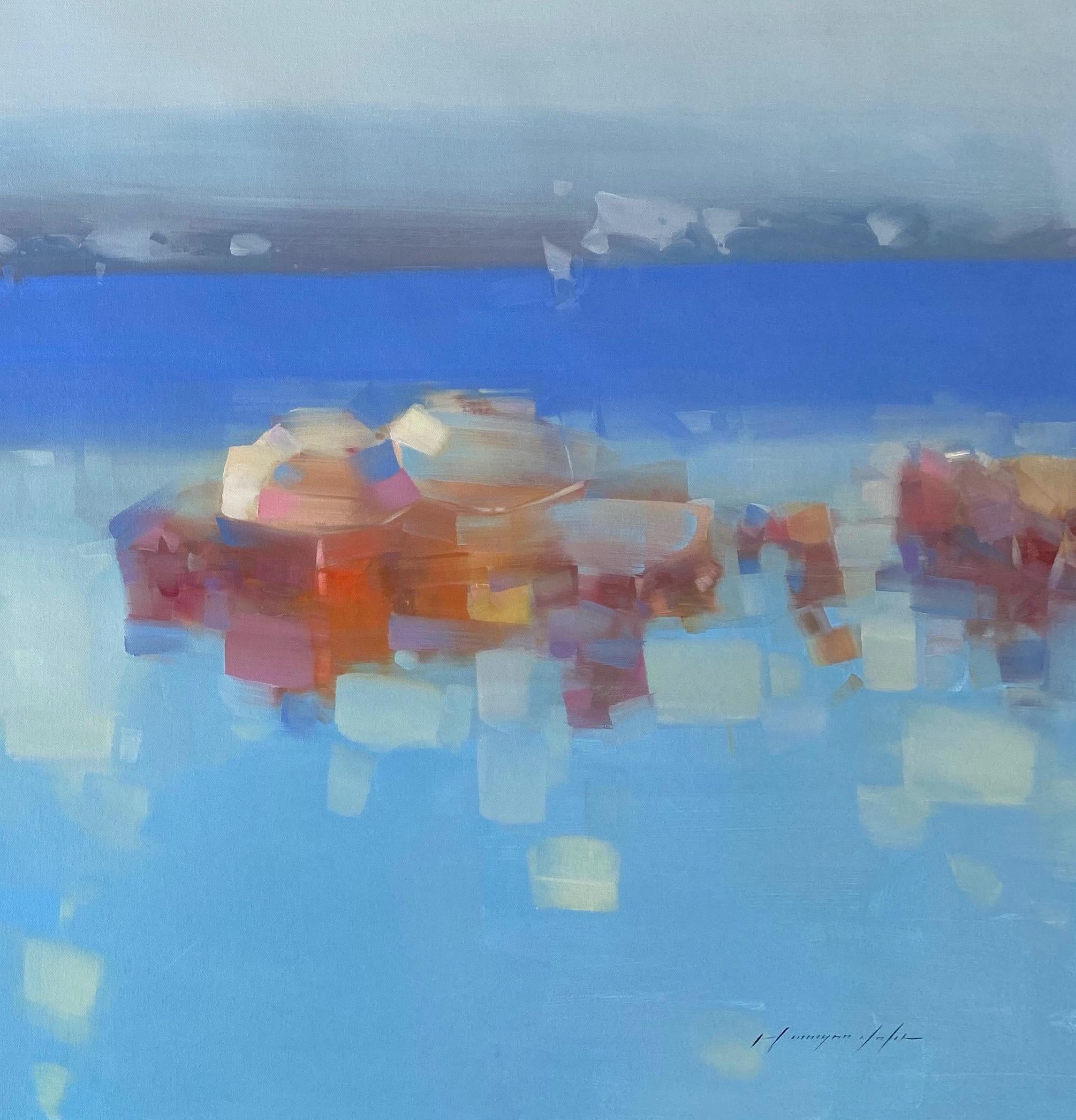 Canoes, Abstraktes Ölgemälde (Blau), Abstract Painting, von Vahe Yeremyan