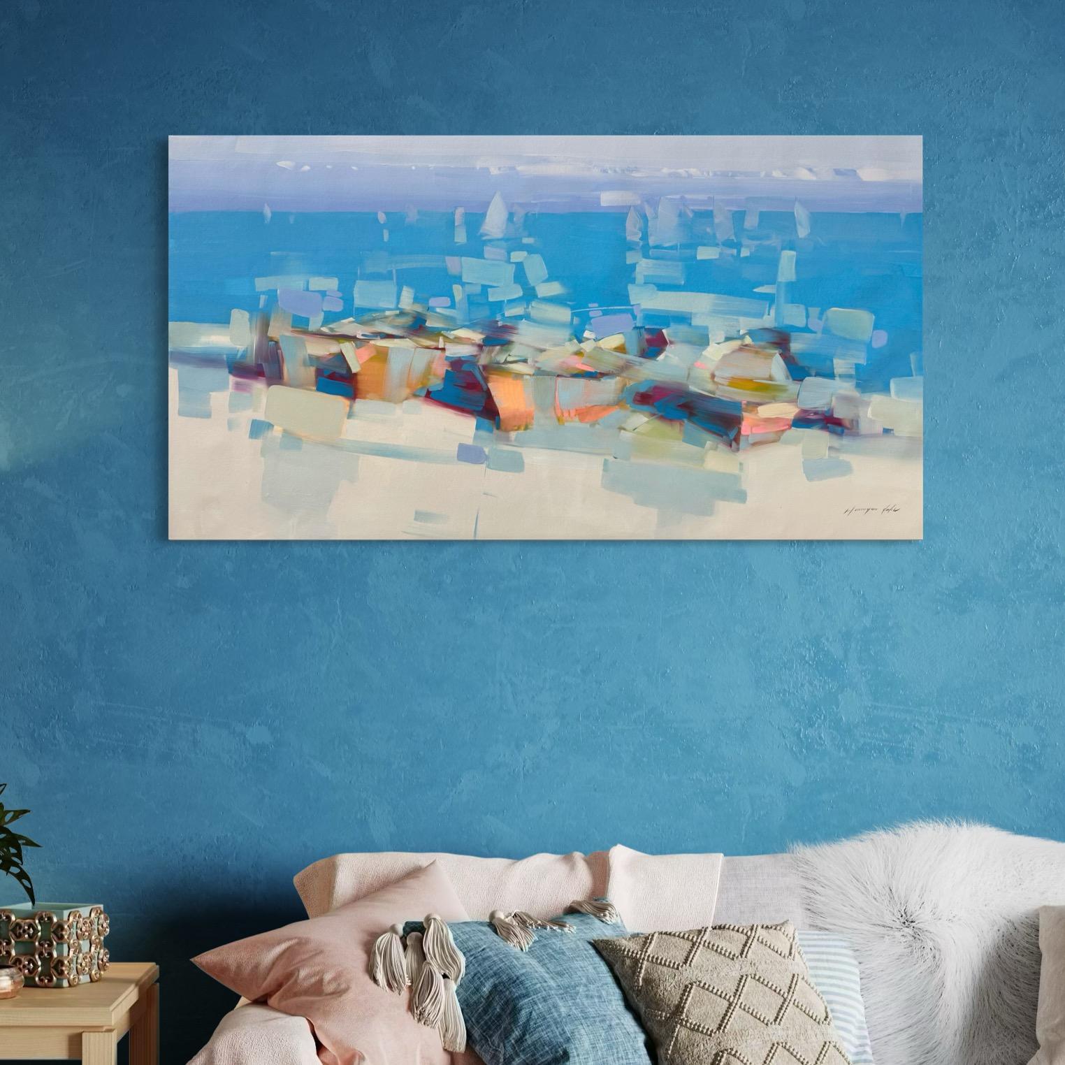 Canoe sulla riva, Impressionismo Pittura ad olio originale, pronta da appendere - Painting di Vahe Yeremyan