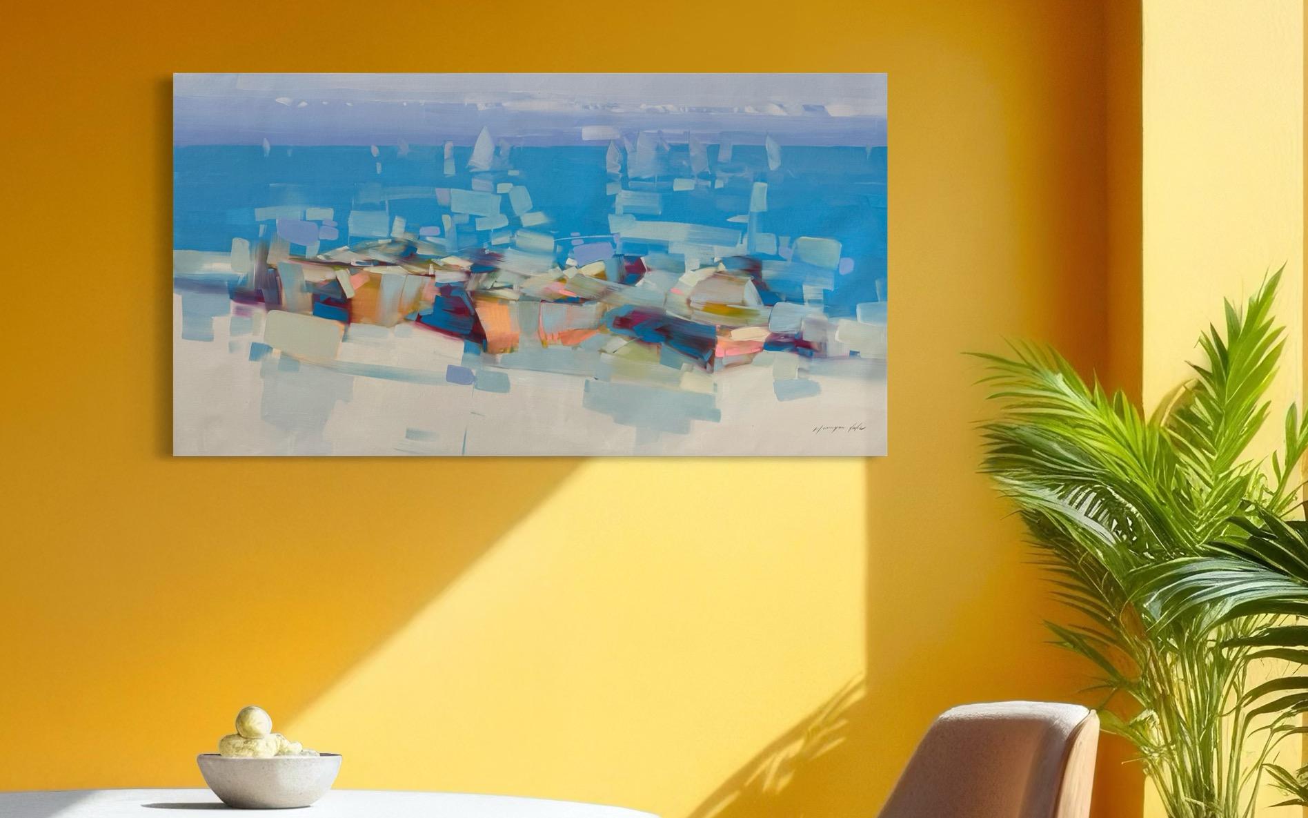 Canoe sulla riva, Impressionismo Pittura ad olio originale, pronta da appendere in vendita 1