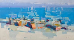 Canoes at the Shore, Impressionism Original oil Painting, Ready to Hang
