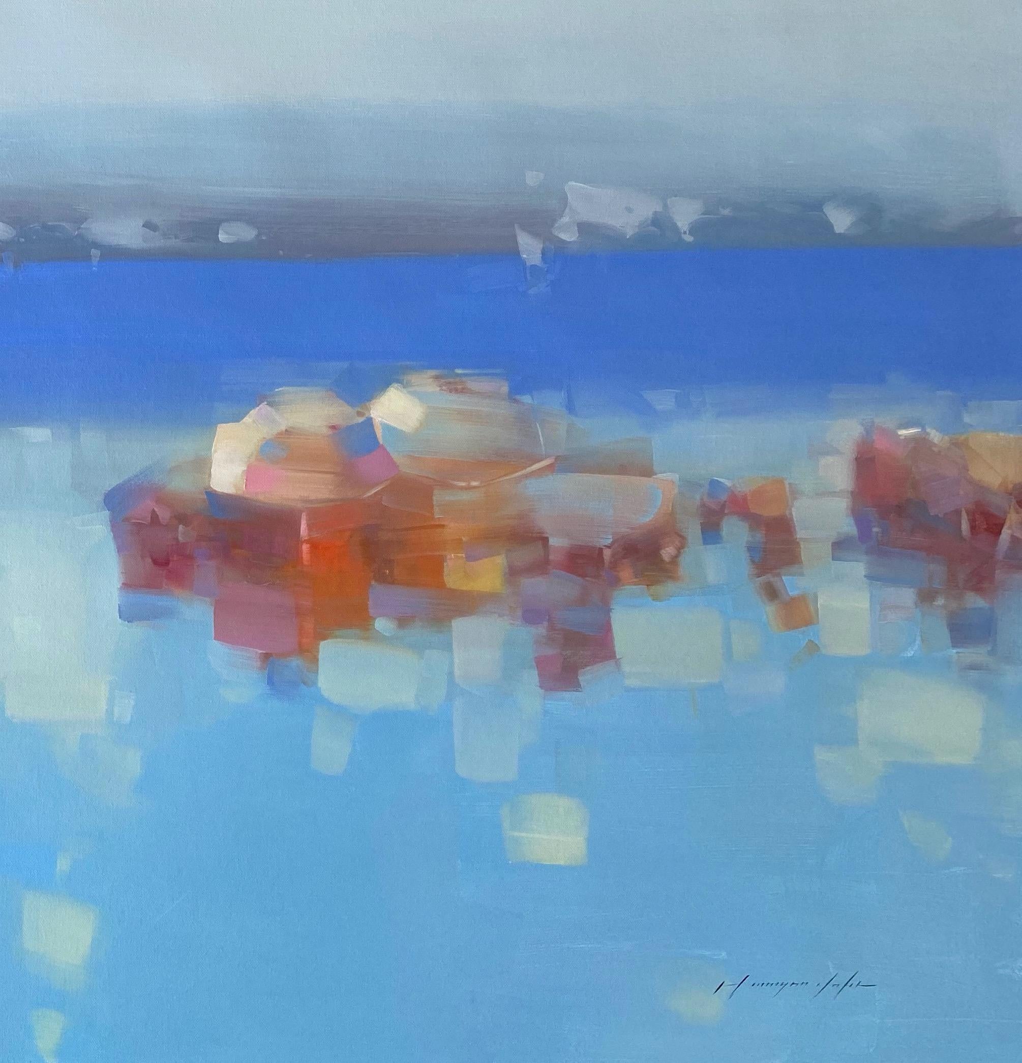 Canoe, Impressionismo Pittura a olio originale, pronta da appendere - Landscape Painting Blu di Vahe Yeremyan