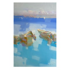 Canoes, Nautical Impressionism Original oil Painting, Ready to Hang
