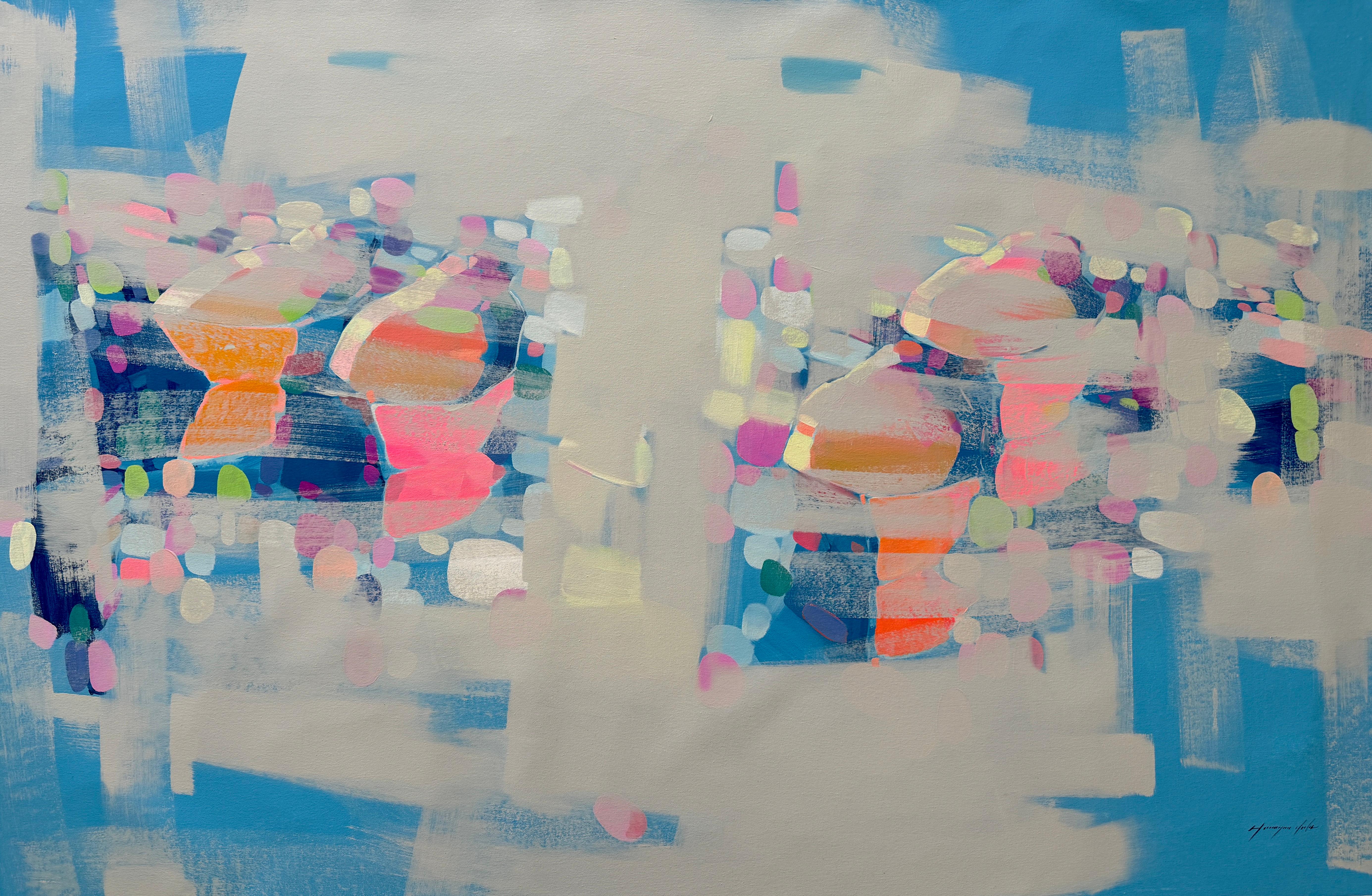 Landscape Painting di Vahe Yeremyan - Canoe, arte contemporanea astratta nautica Pittura ad olio originale, pronta da appendere