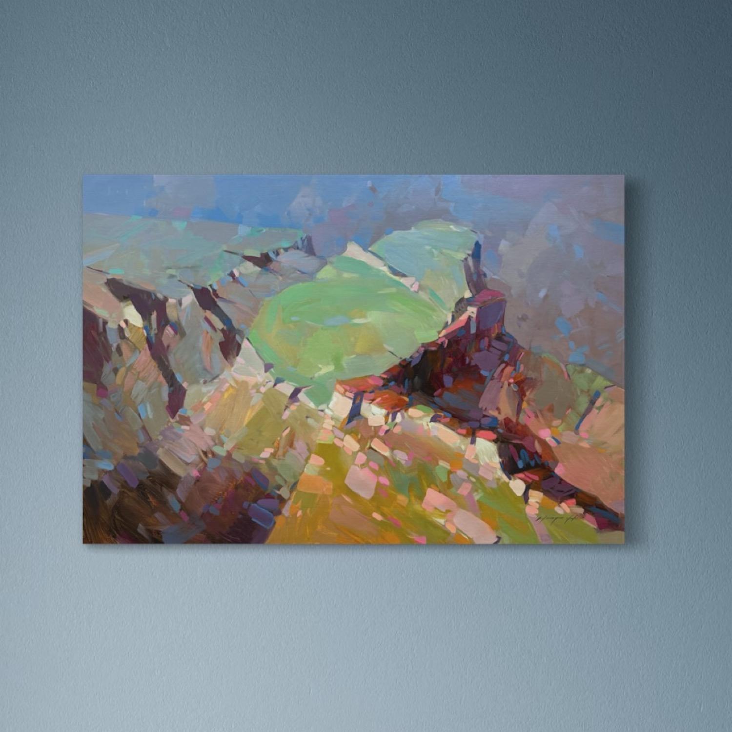 Vista del cañón Paisaje Impresionismo Pintura al óleo original, Lista para colgar - Landscape Painting Gris de Vahe Yeremyan