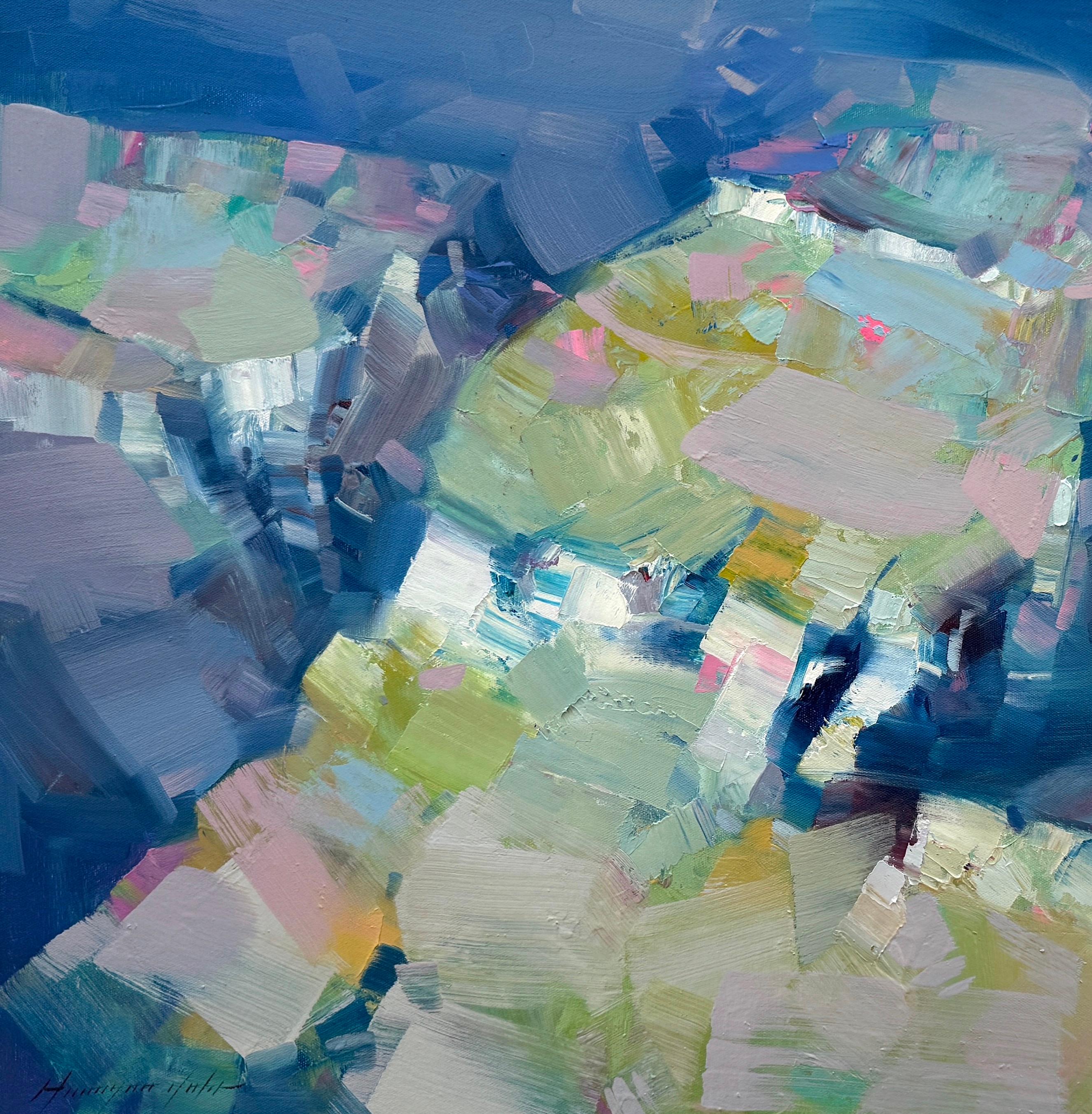 Vista sul Canyon, Pittura a olio originale, pronta da appendere - Landscape Painting Blu di Vahe Yeremyan