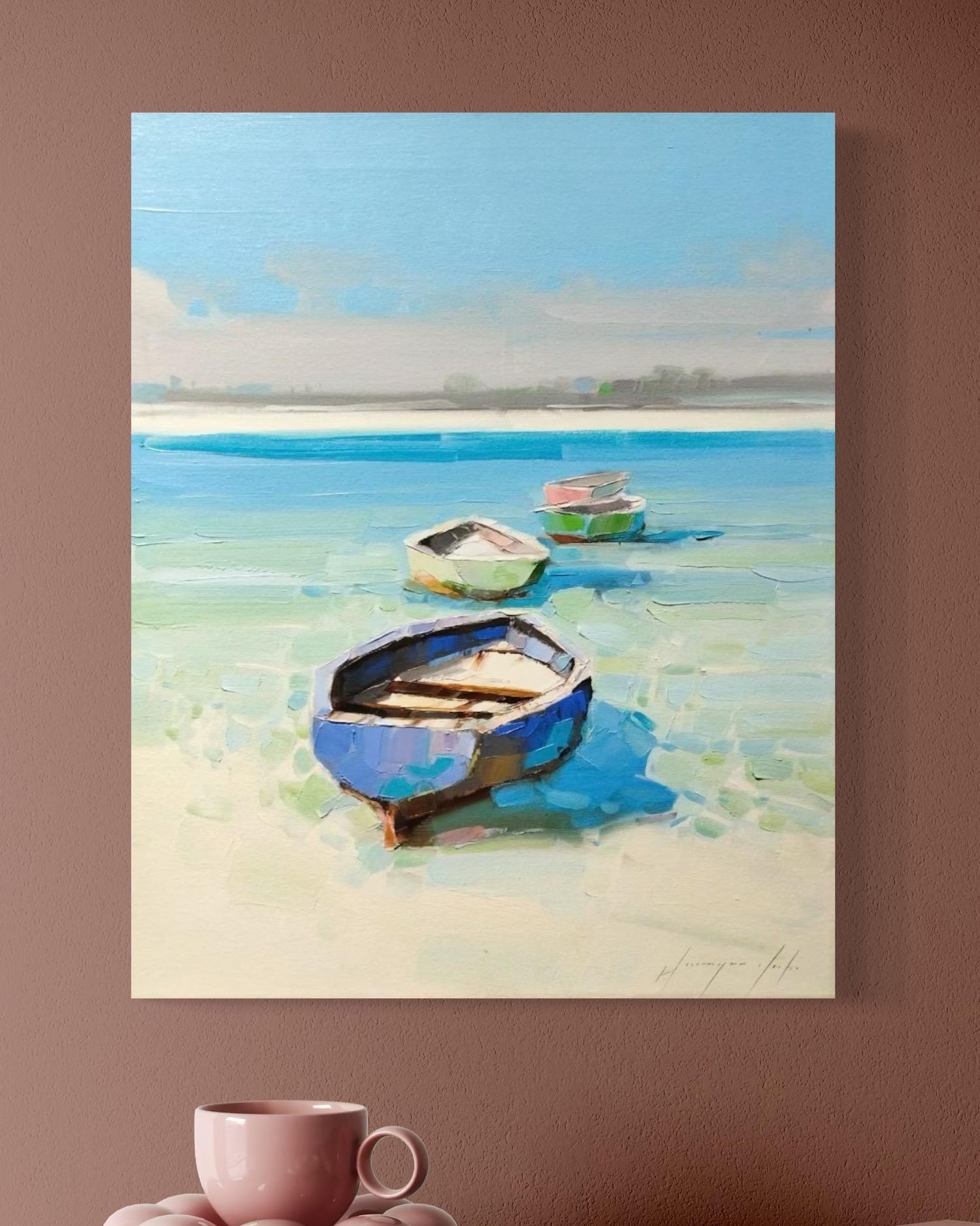 Caribbean Shore Original Ölgemälde, hängefertig (Blau), Landscape Painting, von Vahe Yeremyan