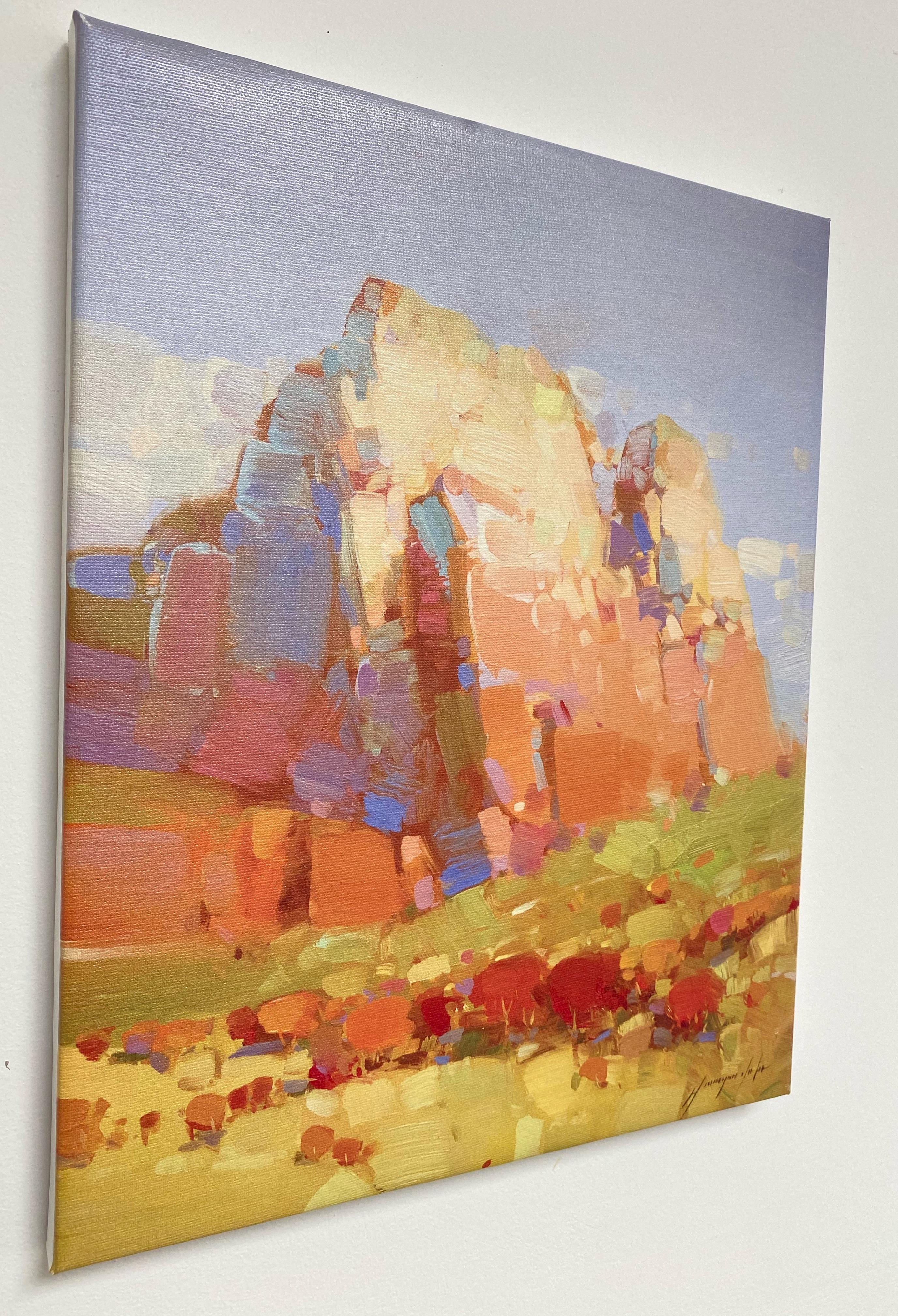 Cliff Mountain, Print on Canvas - Brown Landscape Painting by Vahe Yeremyan