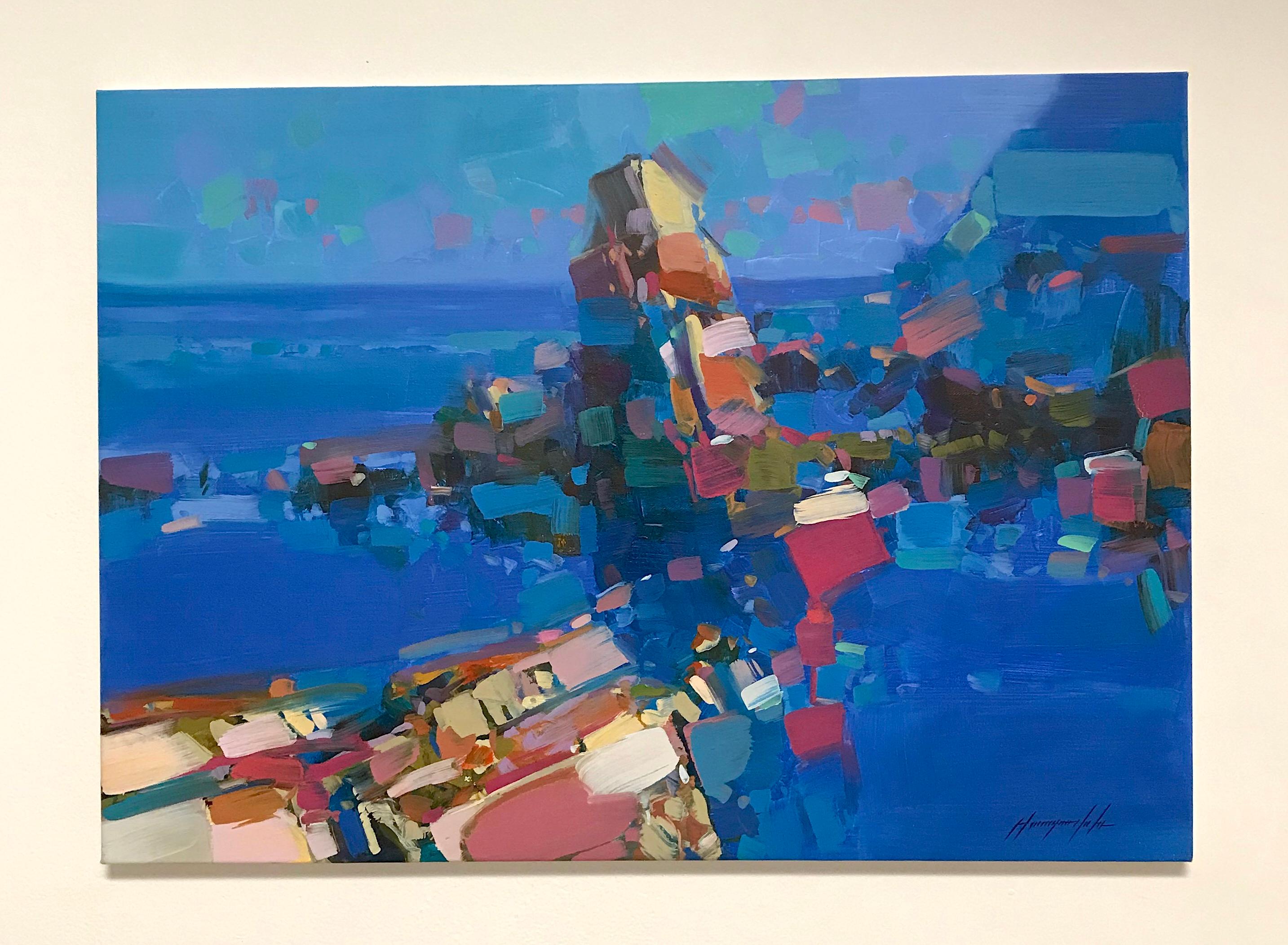 Scogliere di cobalto, paesaggio marino astratto, pittura ad olio originale, pezzo unico - Painting di Vahe Yeremyan