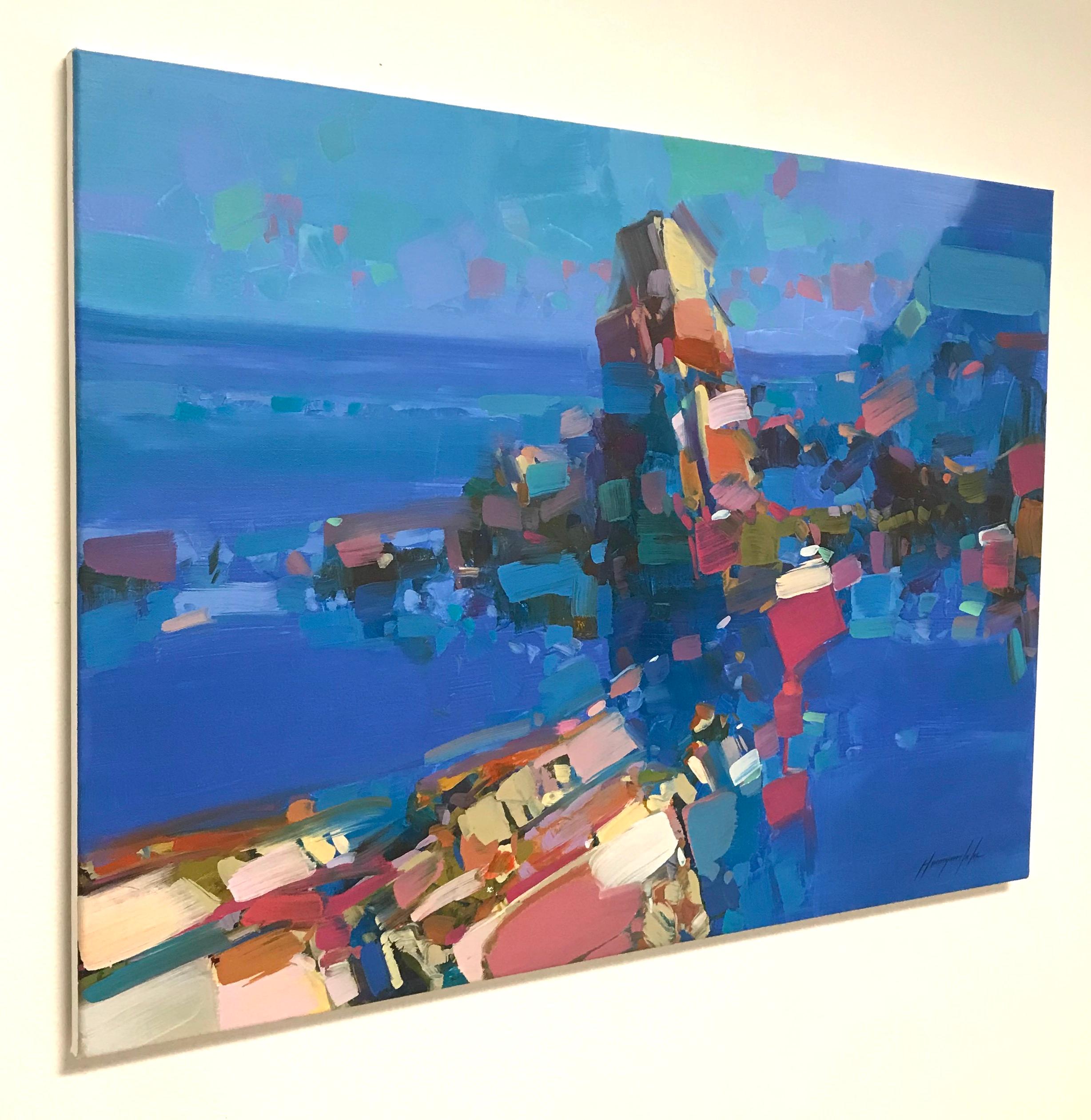 Scogliere di cobalto, paesaggio marino astratto, pittura ad olio originale, pezzo unico - Painting Impressionismo di Vahe Yeremyan