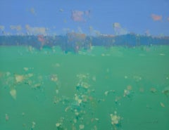 Kobaltfarbenes Feld, Landschafts-Impressionismus Original-Ölgemälde, hängefertig