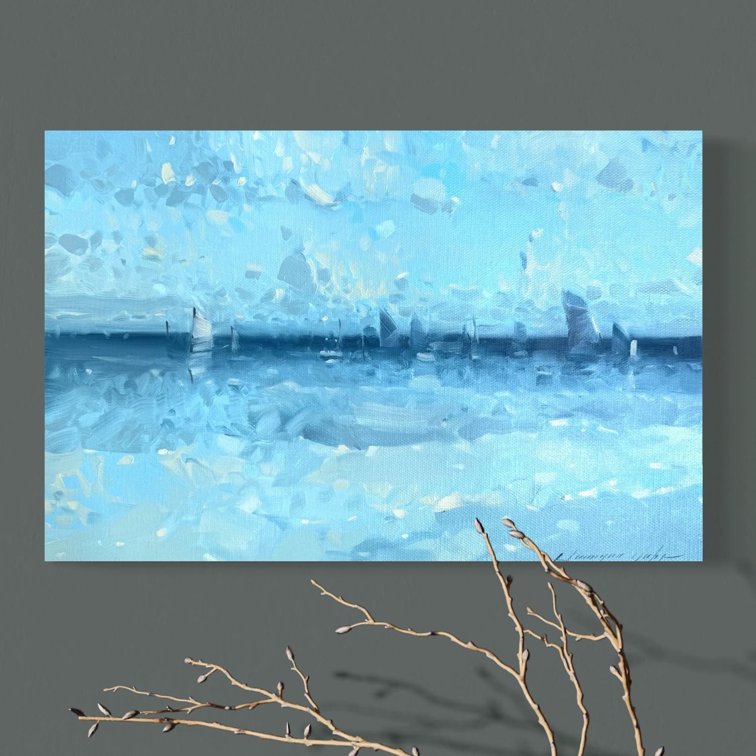 Kobalt Ozean Impressionismus Original Ölgemälde, hängefertig (Blau), Landscape Painting, von Vahe Yeremyan