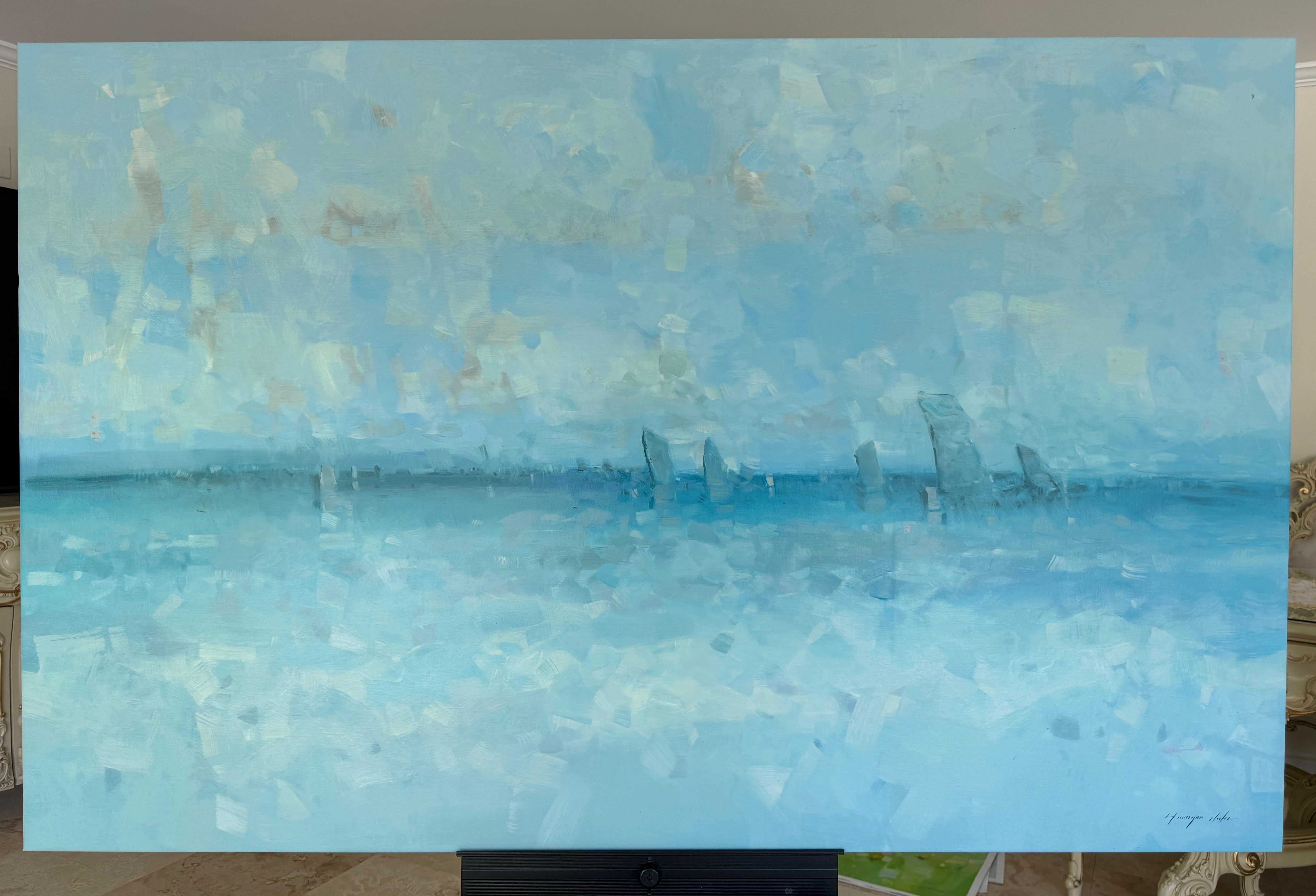 Oceano cobalto, paesaggio marino impressionismo Pittura ad olio originale, pronta da appendere - Painting di Vahe Yeremyan