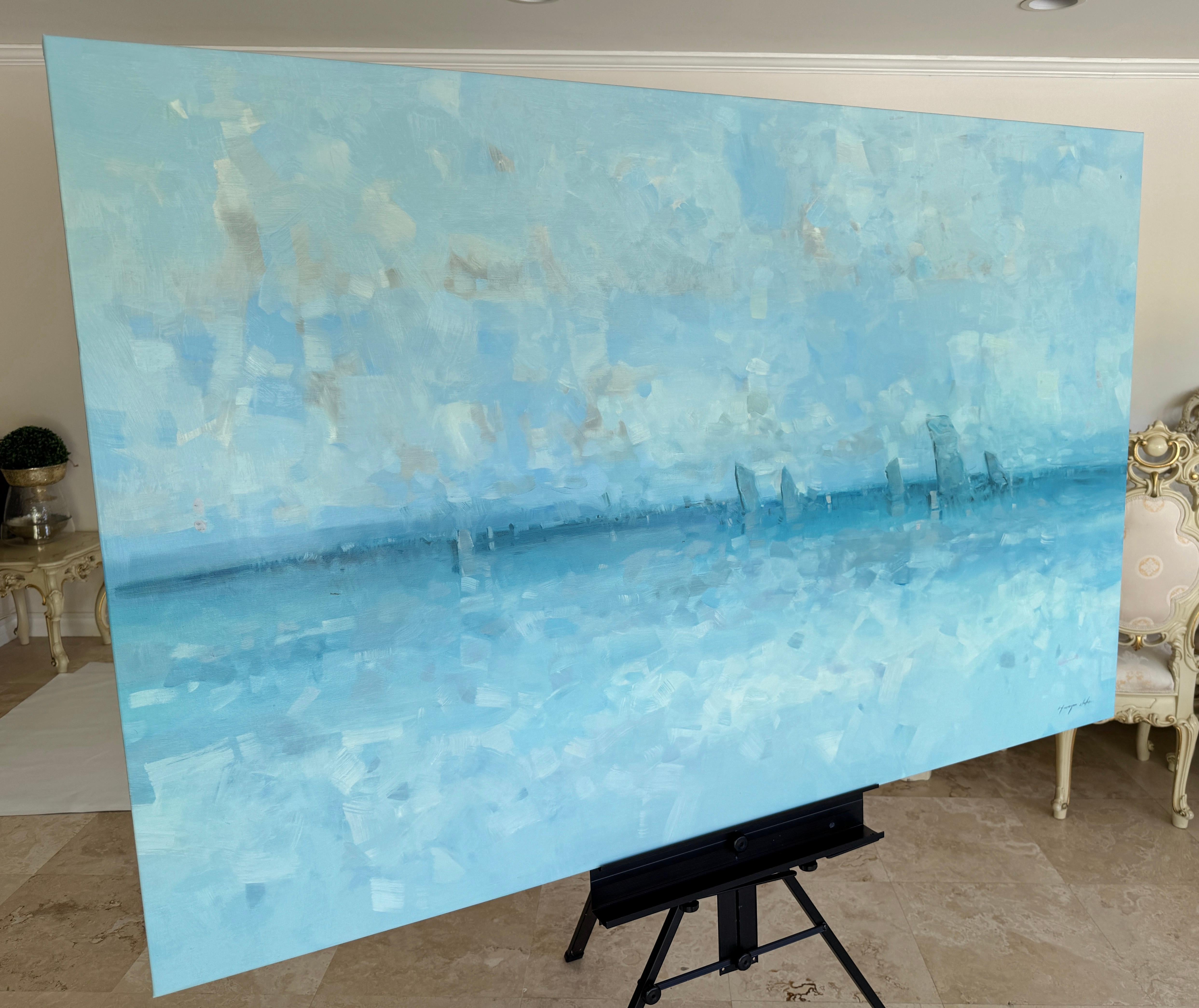 Oceano cobalto, paesaggio marino impressionismo Pittura ad olio originale, pronta da appendere - Landscape Painting Blu di Vahe Yeremyan