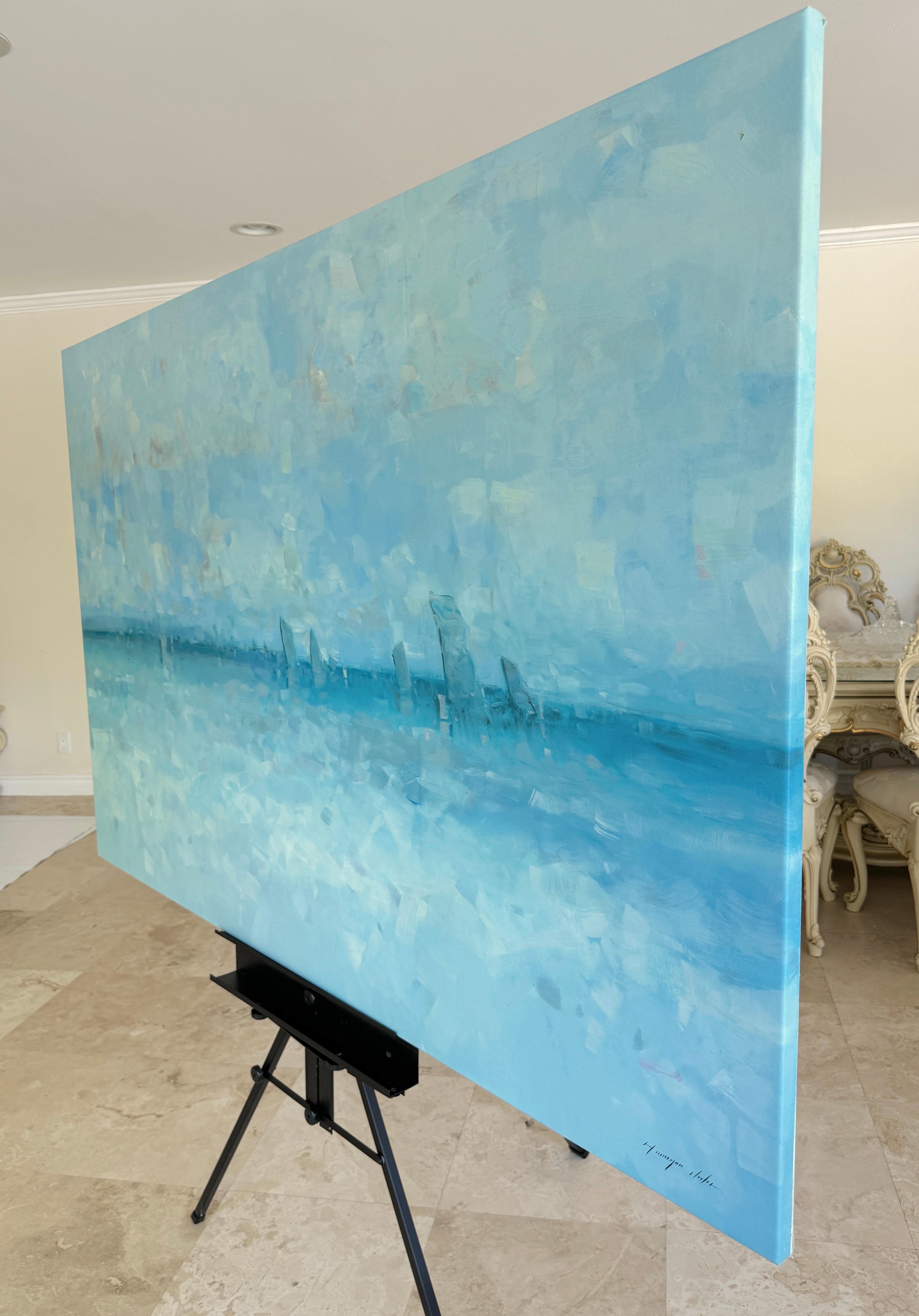 Oceano cobalto, paesaggio marino impressionismo Pittura ad olio originale, pronta da appendere in vendita 2