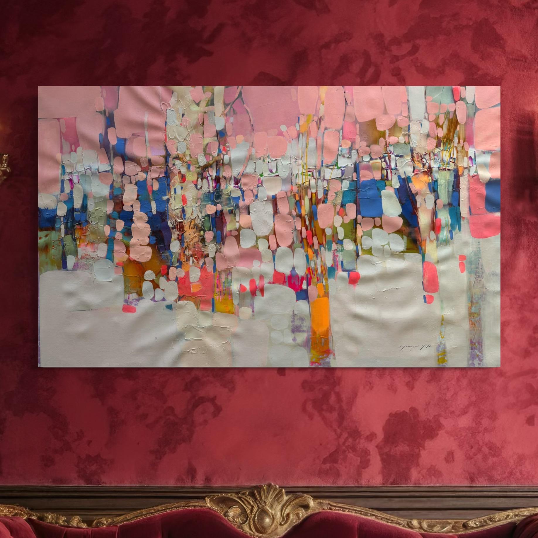 Candy Forest aus Baumwolle, Abstraktes Original-Ölgemälde, hängefertig (Beige), Abstract Painting, von Vahe Yeremyan